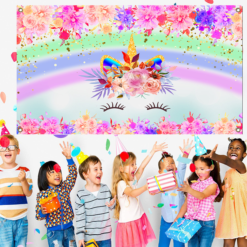 Flower Unicorn Happy Birthday Party Decorations for Girls Watercolor Floral Glitter Cake Table Banner Supplies Studio Props