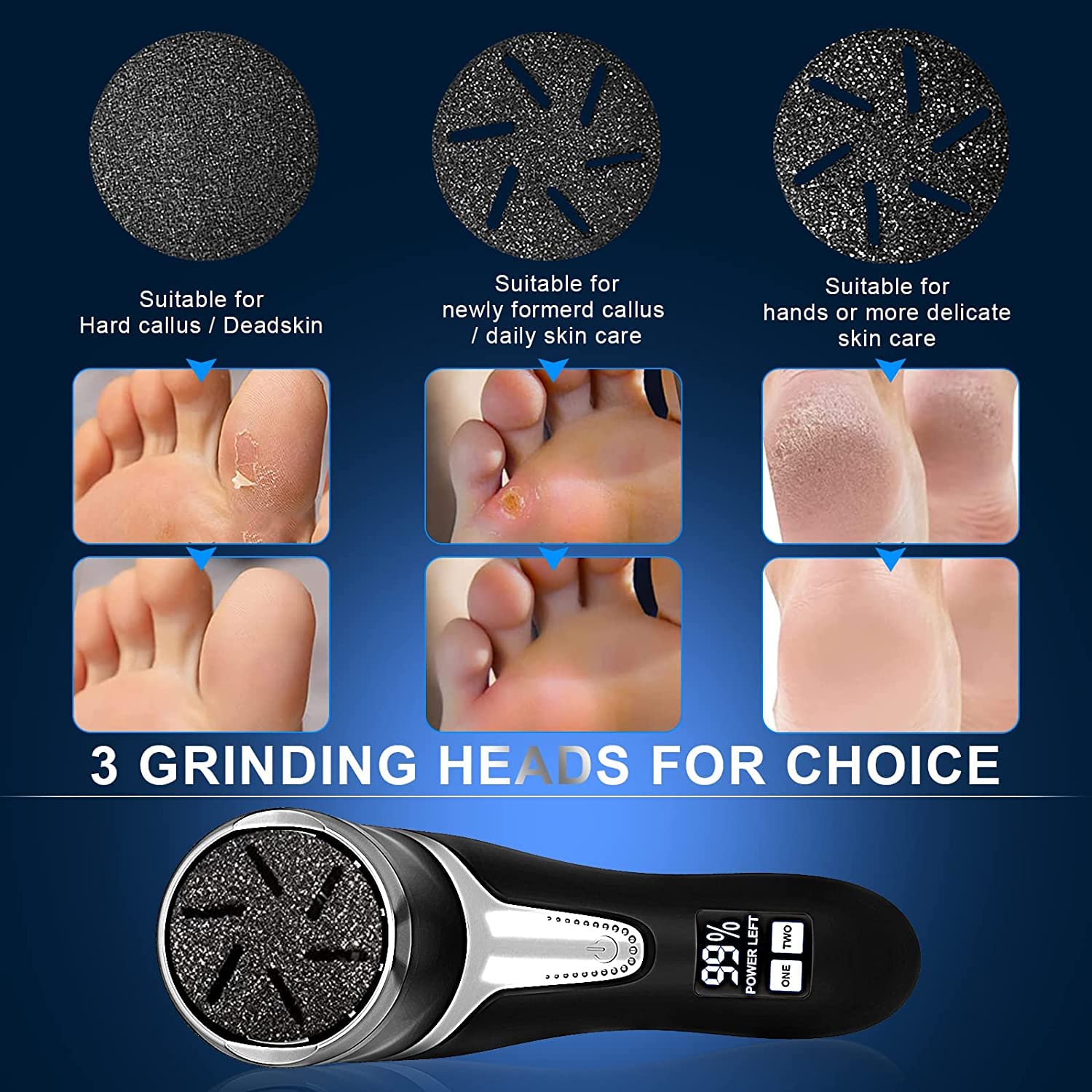 (Black Set A) Electric Foot File Rechargeable Waterproof Hard Skin Remover Foot with Rollers and 2 Speeds Foot Files for Hard Skin and Dead Skin