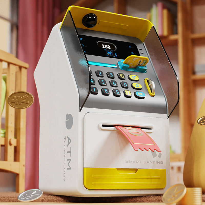 (Yellow) Mini ATM Kids Safe Piggy Bank Electronic Cash Coins Save Box for Kids With Face Recognition Unlocking Birthday Toys Gifts