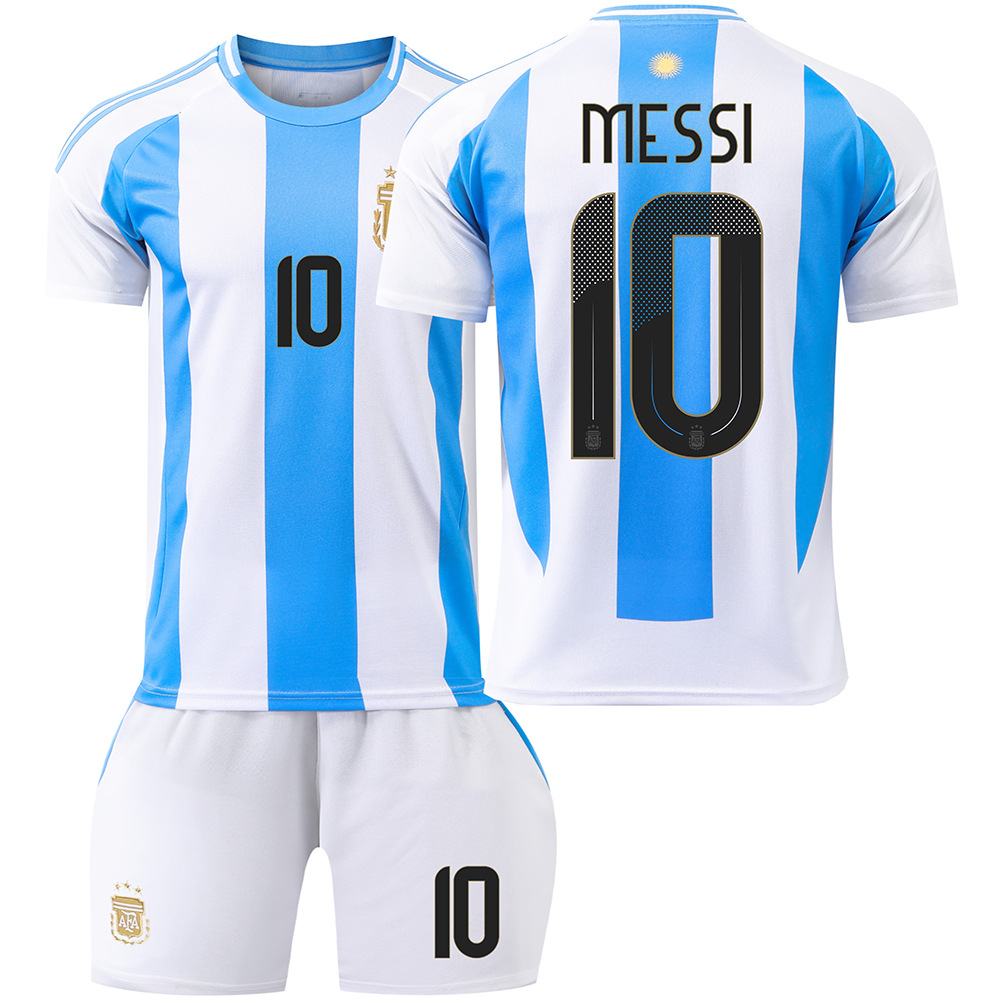 (Kids 2~3 Years) 2024 Argentina Home Football Kit Number 10 Messi Jersey Set for Kids Soccer Jersey Tracksuit Boys Football Training Shirts Shorts Activewear Sportwear