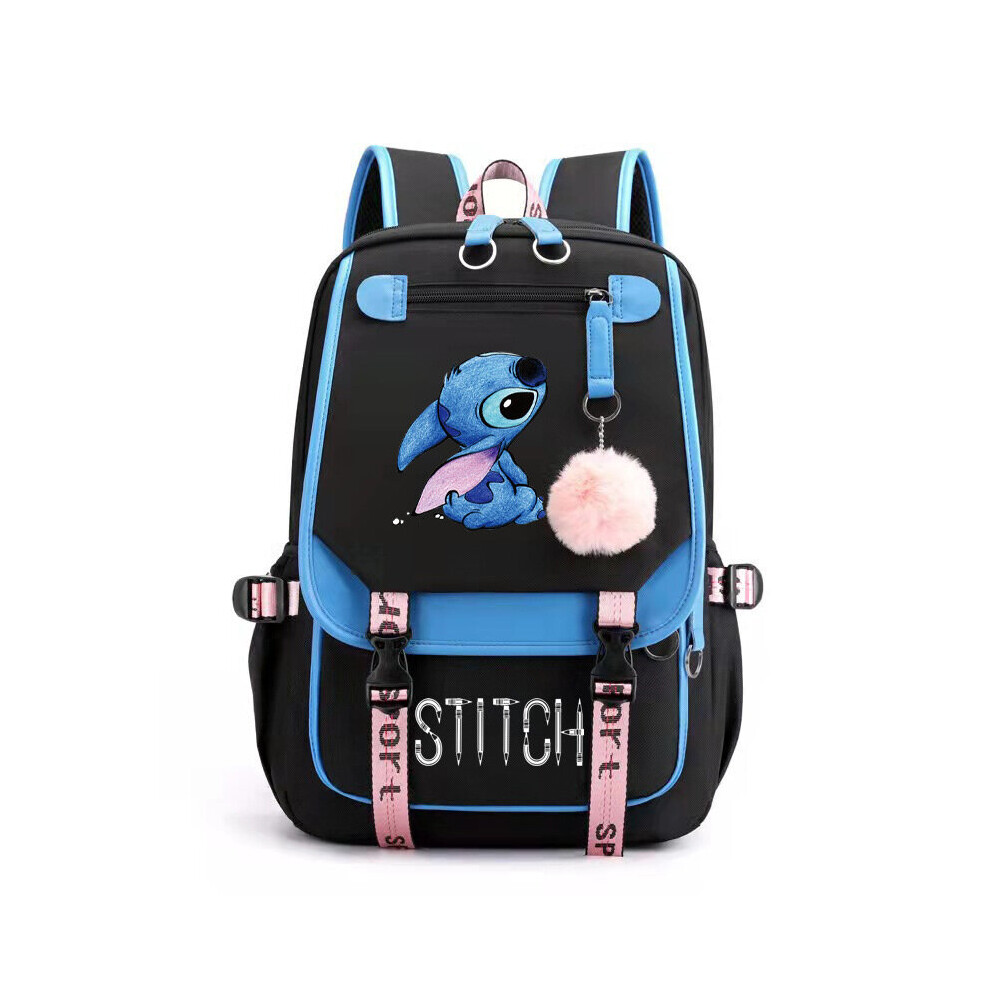 (Black) Stitch Students Backpack Boys Girls Outdoor Cartoon Daypack With USB Charge Port