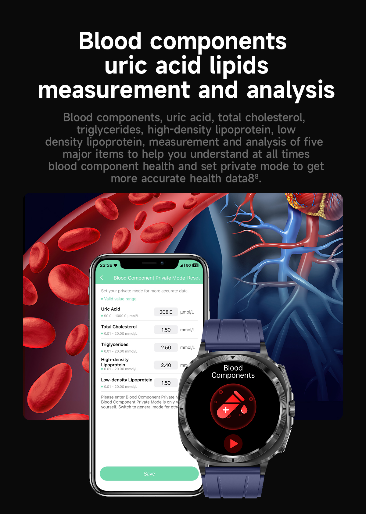 (Black Steel) Smart Watch ECG PPG Blood Sugar Health Monitoring Bluetooth Call Outdoor Sports Fitness Tracker Women Men Smartwatch for Samsung IOS