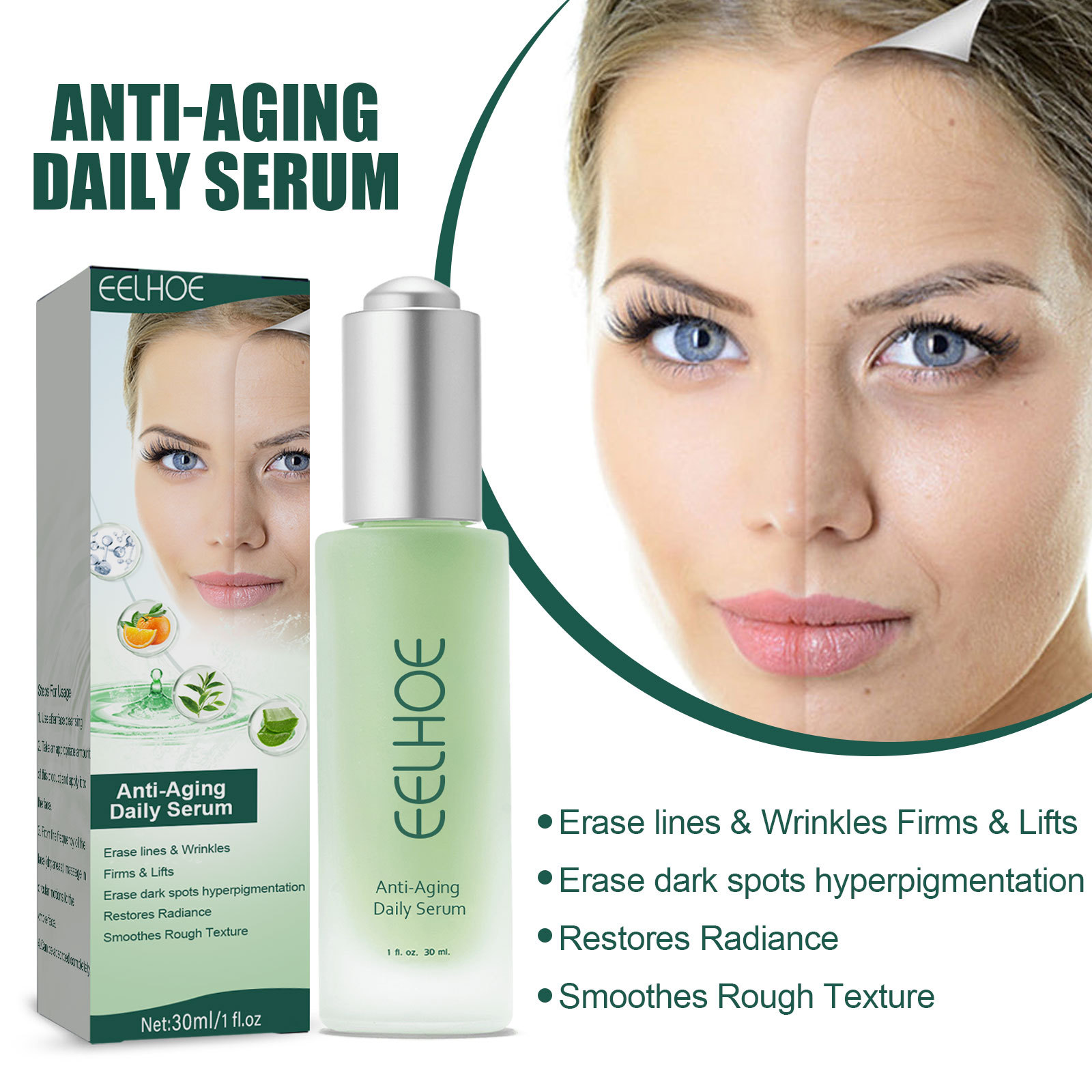 (1 PC) EELHOE Anti Wrinkle Serum Firming Face Serum Anti Aging Anti Dark Circles Removal Forehead Lines Face Care Frown Lines Repair Facial Essence 30ml