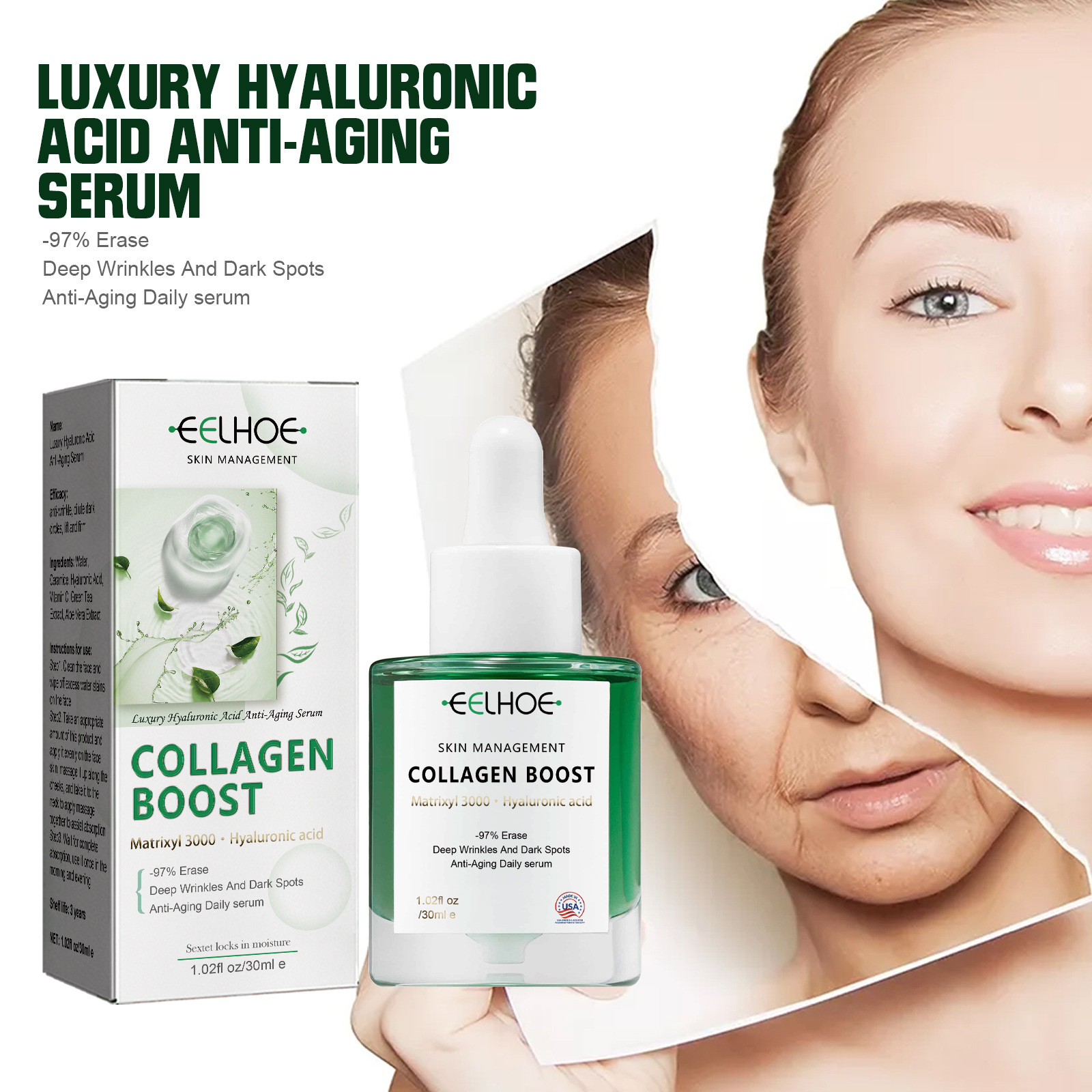 (1 PC) Collagen Boost Serum Anti Rrinkle Essence Anti Aging Face Lifting Fade Fine Lines Moisturizing Hyaluronic Acid Facial Essence Wrinkle Remover Skin Care