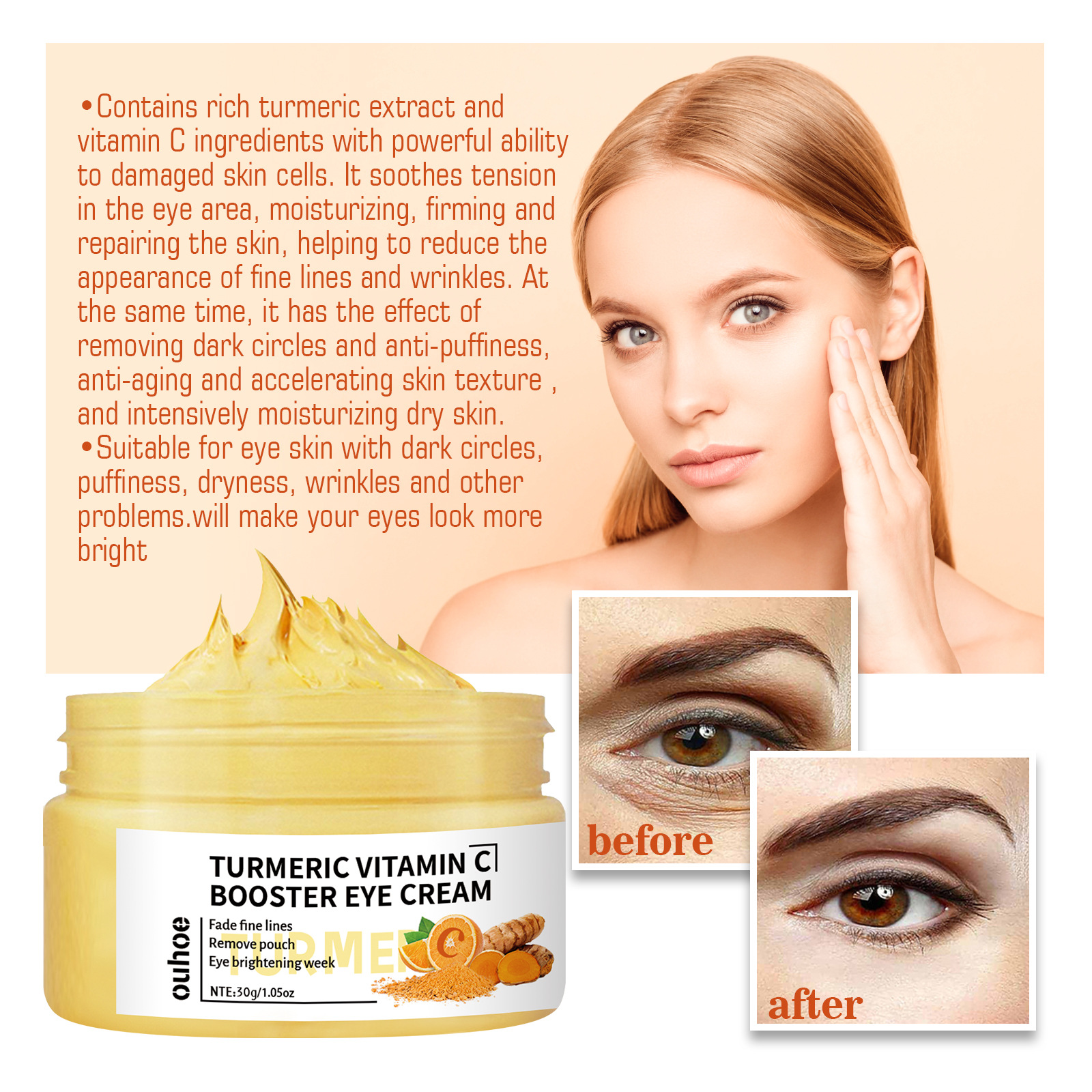(1 PC) Firming Eye Cream Fades Fine Lines Reduce Bags Anti Dark Circles Wrinkle Remove Puffiness Tumeric Vitamin C Booster Eye Care Cream Nourishing Moisturize