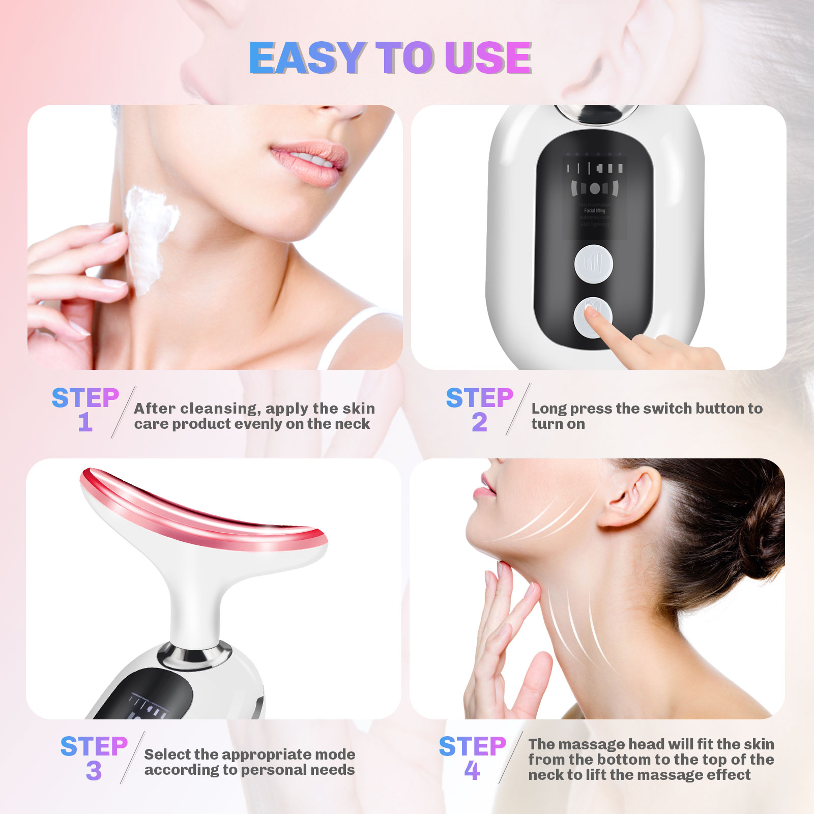 Neck Massager EMS Face Neck Lift Micro Current Beauty Device Vibration Facial Massager Red Light Therapy Double Chin Remover Skin Rejuvenation Tightening Anti Wrinkle