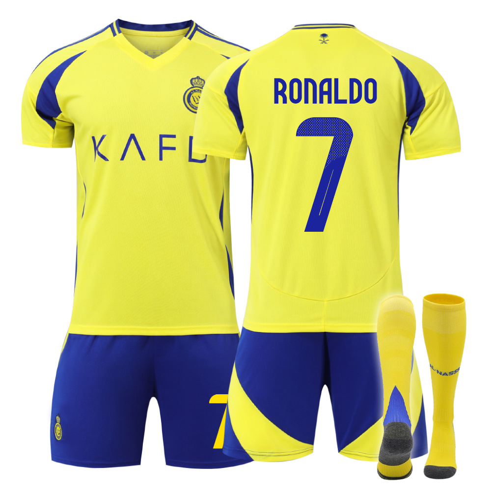 (Kids 16) 2425 No.7 Ronaldo Al Nassr Riyadh Victory Home Football Soccer Jersey Shorts Socks Gift Set Football Kit Boys Fans Youth Sizes