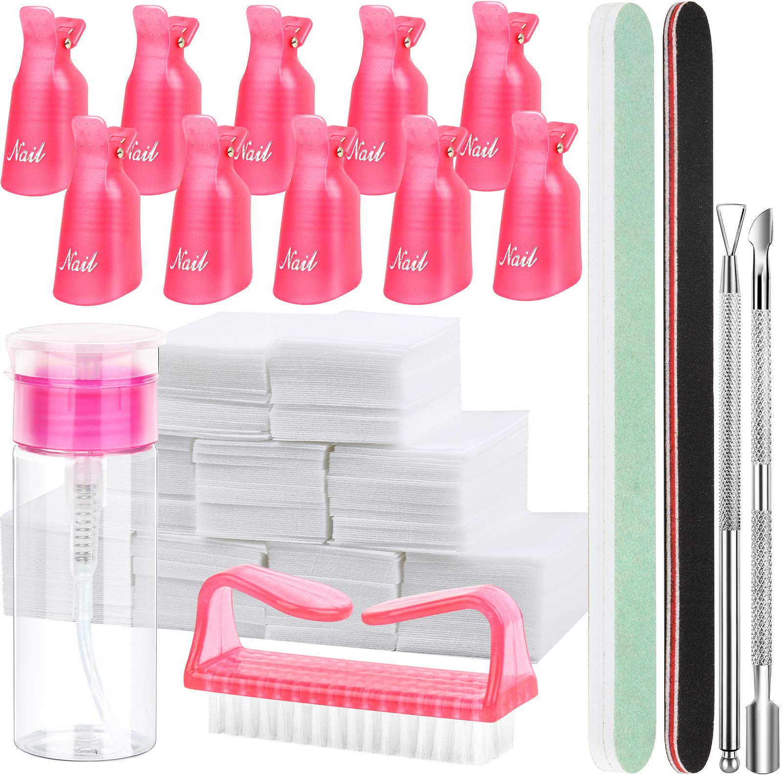 Nail Polish Gel Remover Tools 17pcs Kit Nail File Nail Brush Buffer Block Cuticle Pusher Cuticle Peeler Nail Polish Remover Bottle Nail Remover Cotton Pad for Nail Arts