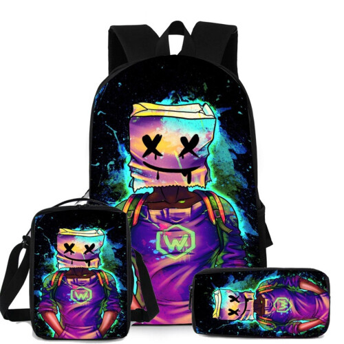 DJ Marshmello Backpack Travel Laptop Bag 3pcs Schoolbag Penbag Bookbag