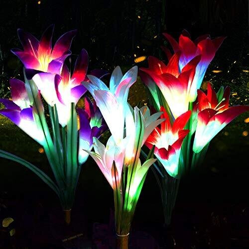 LED Solar Lily Flower Lights 3 Pack 12-Head 7 Color Changing Outdoor Garden Stake Lamps