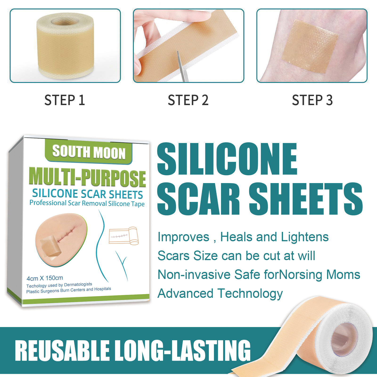 South Moon Silicone Scar Sheets Multi Purpose Self Adhesive Scar Cover Tape Removal Tape Acne Trauma Burn Scar Skin Repair Scar Patch Treatment Beauty Skin Care