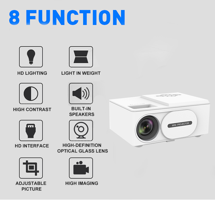 (White) Mini Portable Projector Beam Projector HD Port Support 1080P 4k Resolution Built-in Stereo Home Theater Cinema Projector Electronic LCD Theater