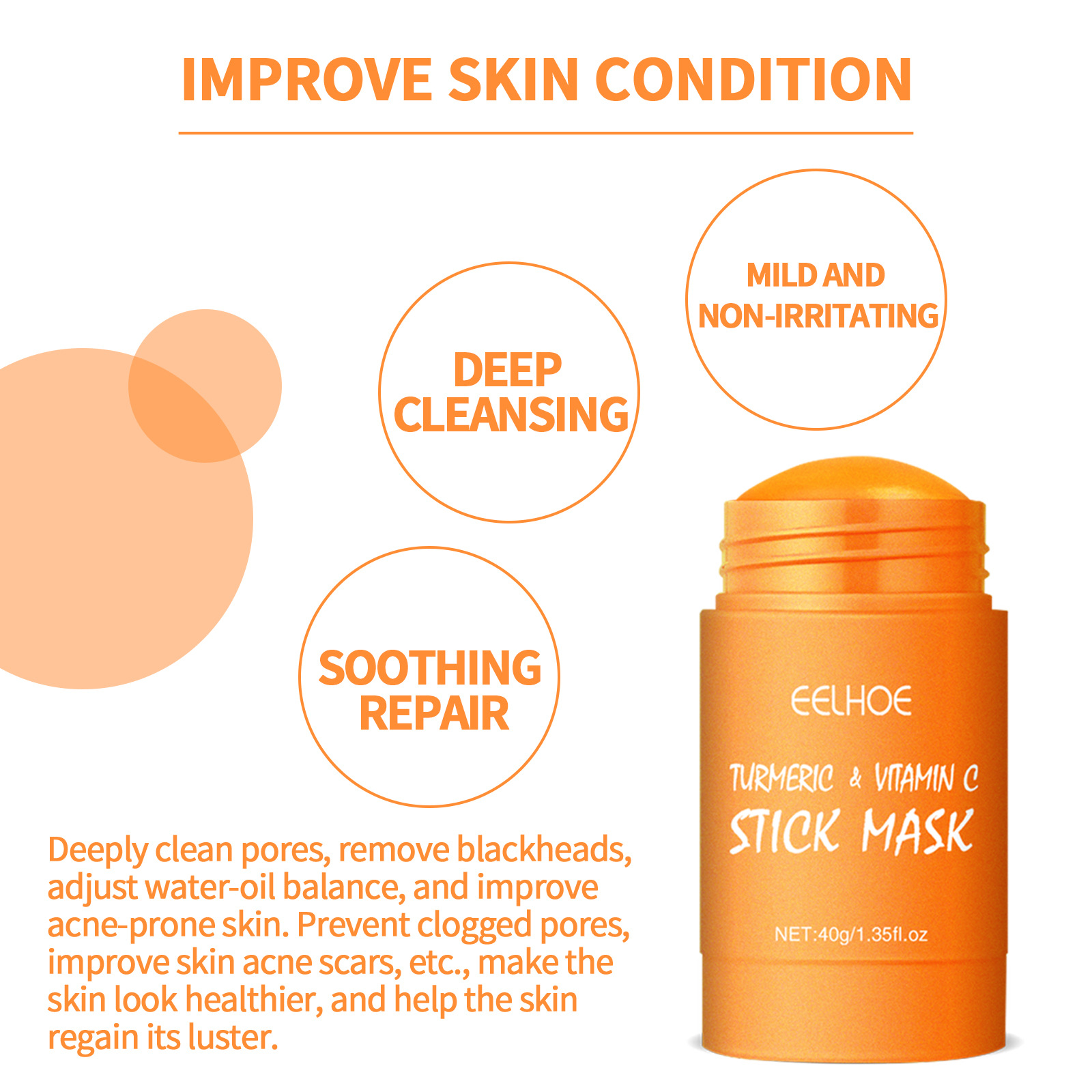 Organic Turmeric Face Mask Stick Deep Cleaning Shrink Pores Hydration Moisturizer Blackhead Remover Acne Scars Reduction Exfoliating Facial Care Mask.