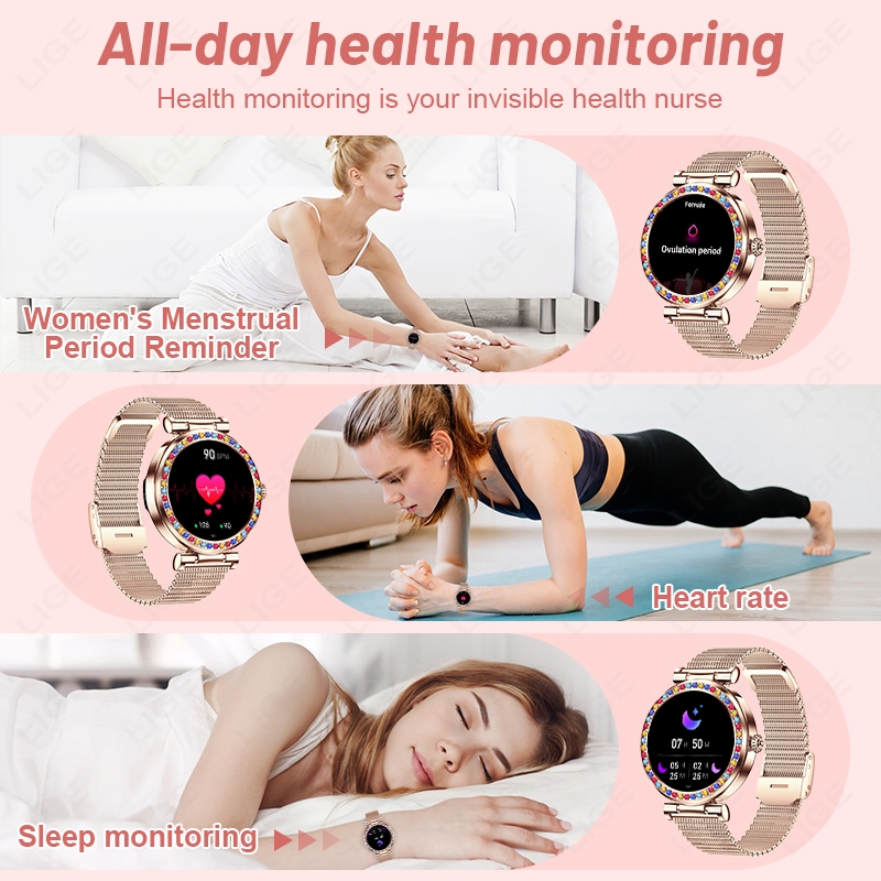 (Silver) Fashion Smart Watch Women Sport Fitness Watch Sleep Health Monitor Women Diamonds Smartwatch