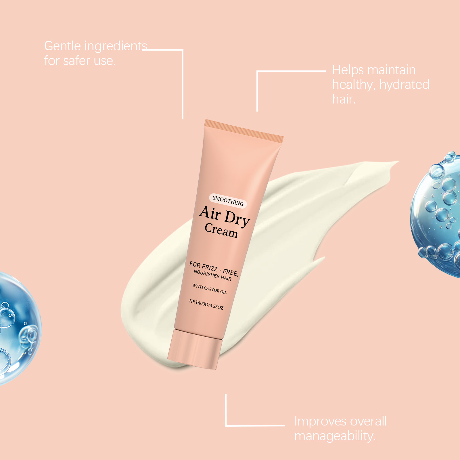 Air Dry Cream Keratin Hair Repair Treatment Castor Oil Coconut Oil Hair Styling Products Frizz Control Hair Smoothing Cream 100g