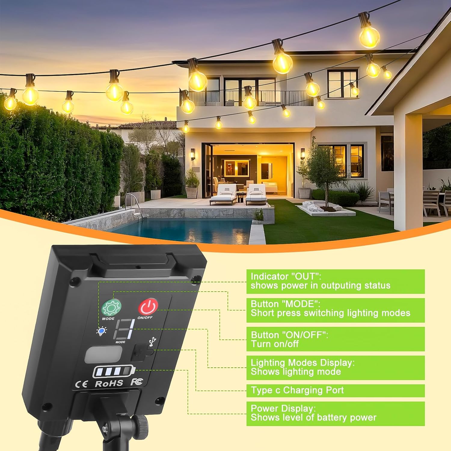 (15m) Solar String Festoon Lights Outdoor - Remote Control 15M 49.2ft USB Rechargeable IP44 Waterproof LED Garden Lights Weatherproof Solar Powered Outside Light 