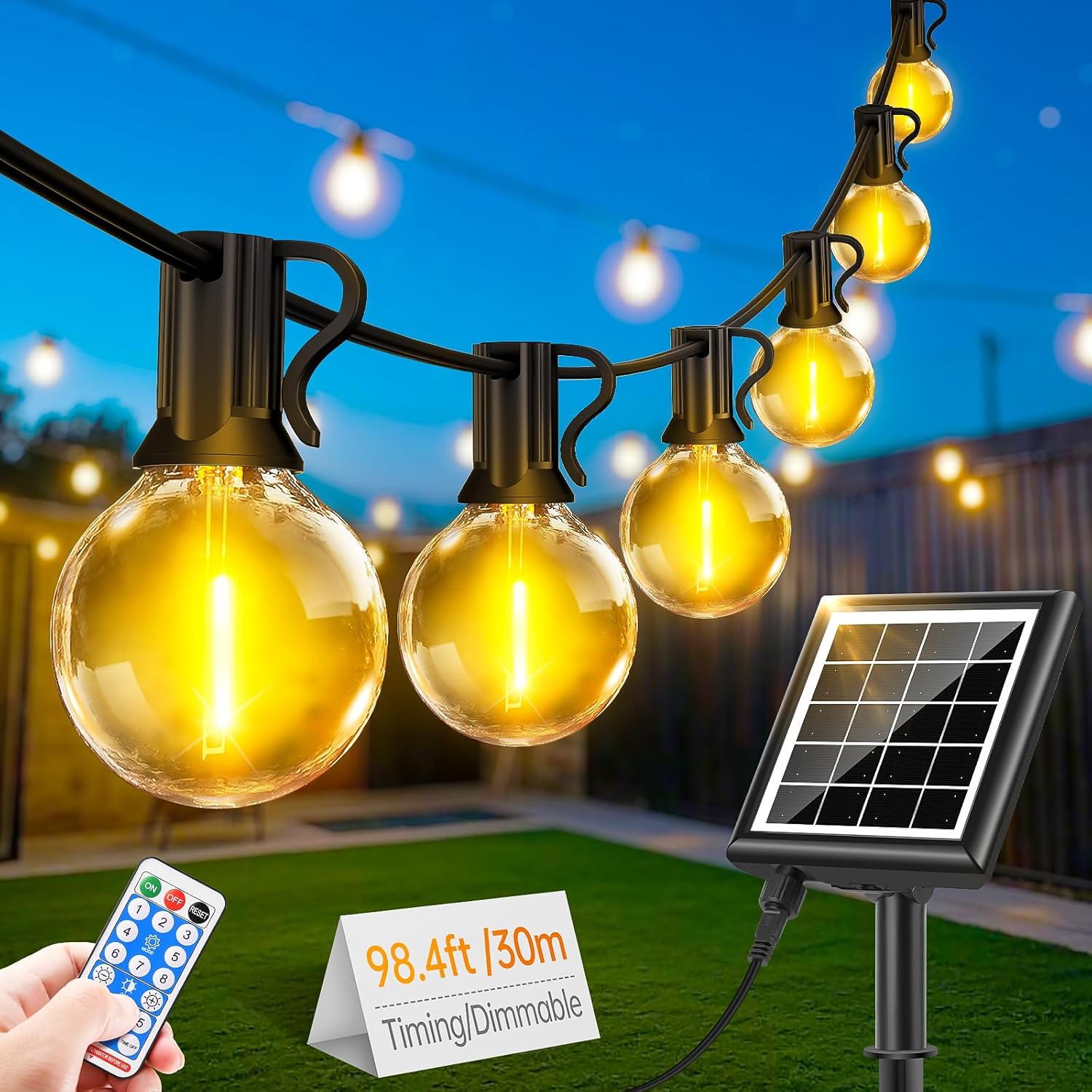 (15m) Solar String Festoon Lights Outdoor - Remote Control 15M 49.2ft USB Rechargeable IP44 Waterproof LED Garden Lights Weatherproof Solar Powered Outside Light 