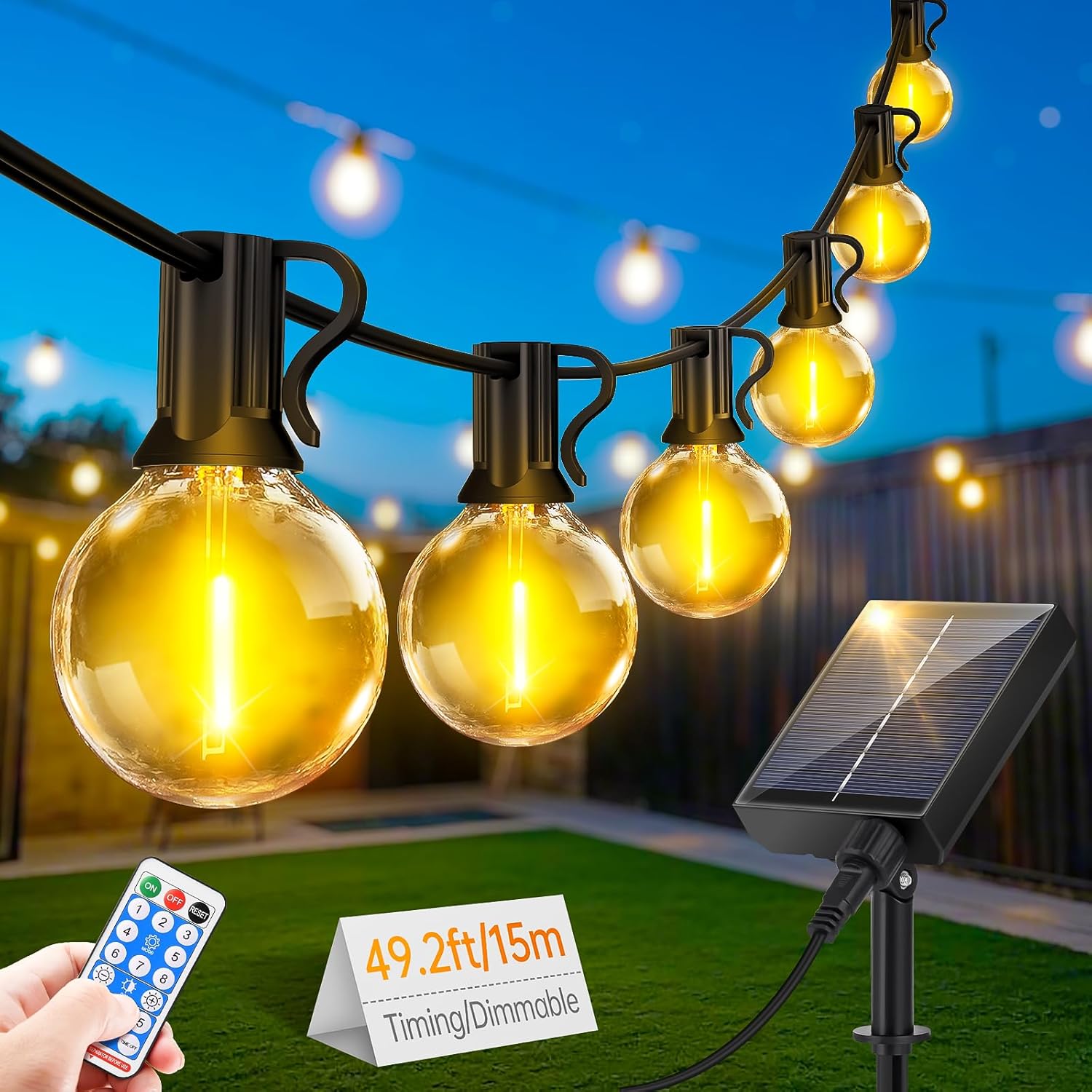 (15m) Solar String Festoon Lights Outdoor - Remote Control 15M 49.2ft USB Rechargeable IP44 Waterproof LED Garden Lights Weatherproof Solar Powered Outside Light 
