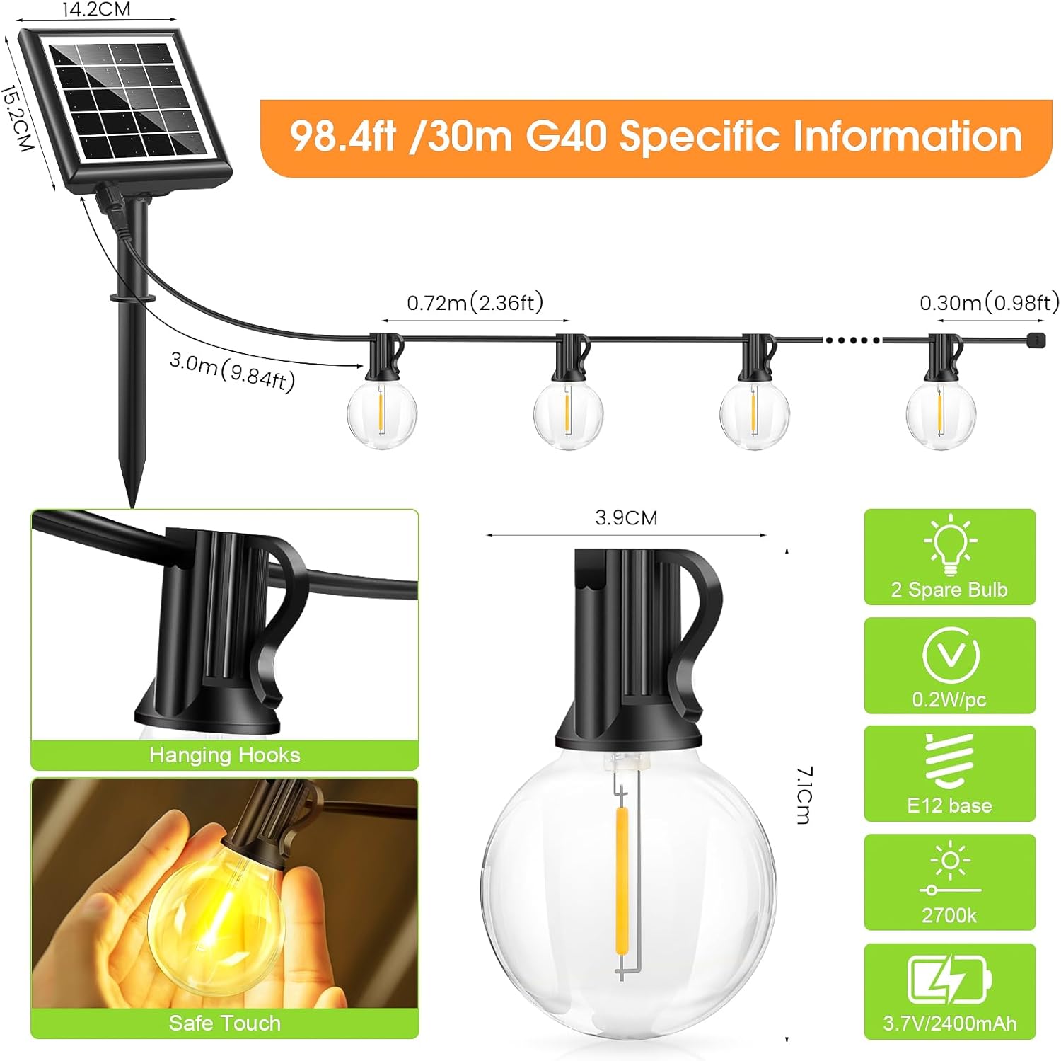 (15m) Solar String Festoon Lights Outdoor - Remote Control 15M 49.2ft USB Rechargeable IP44 Waterproof LED Garden Lights Weatherproof Solar Powered Outside Light 