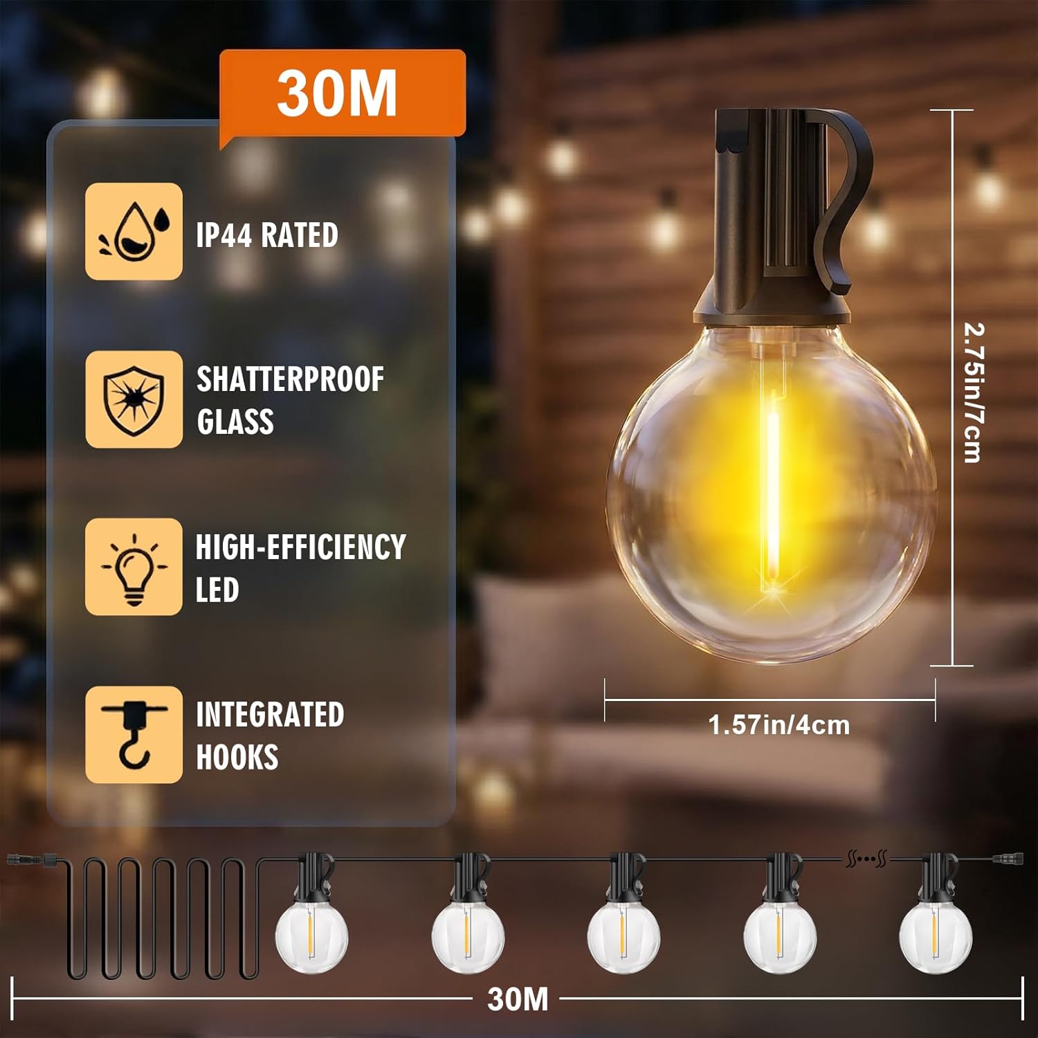 (15m) Solar String Festoon Lights Outdoor - Remote Control 15M 49.2ft USB Rechargeable IP44 Waterproof LED Garden Lights Weatherproof Solar Powered Outside Light 