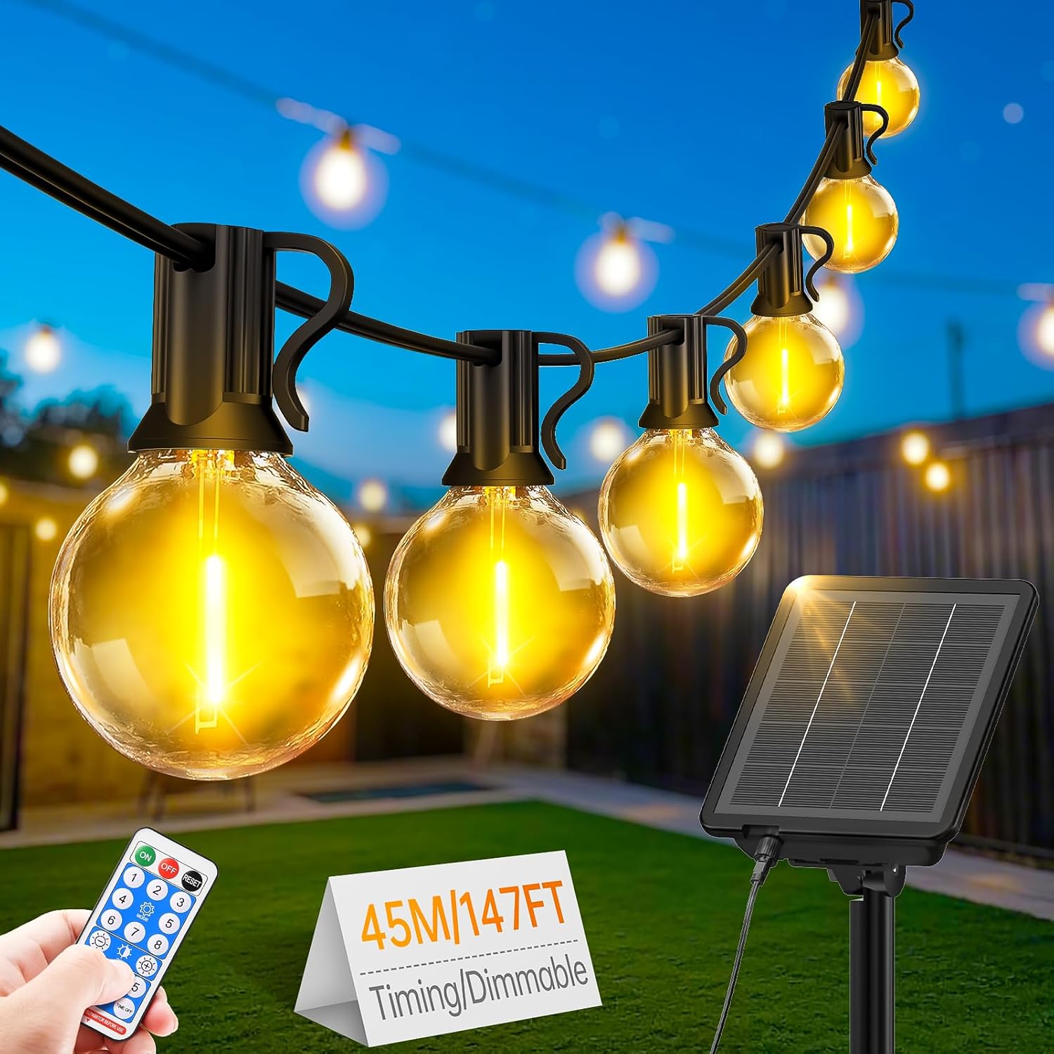 (15m) Solar String Festoon Lights Outdoor - Remote Control 15M 49.2ft USB Rechargeable IP44 Waterproof LED Garden Lights Weatherproof Solar Powered Outside Light 