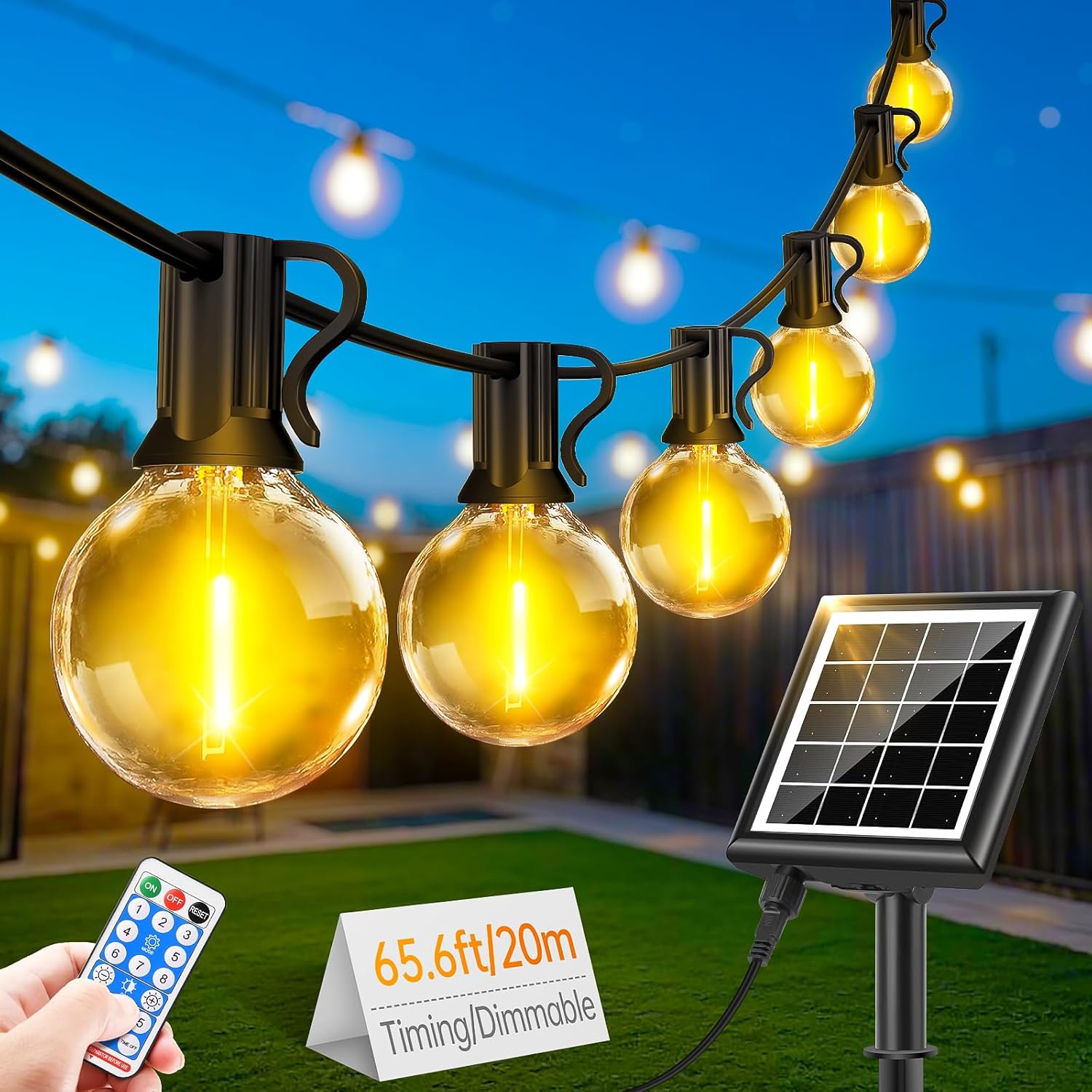 (15m) Solar String Festoon Lights Outdoor - Remote Control 15M 49.2ft USB Rechargeable IP44 Waterproof LED Garden Lights Weatherproof Solar Powered Outside Light 