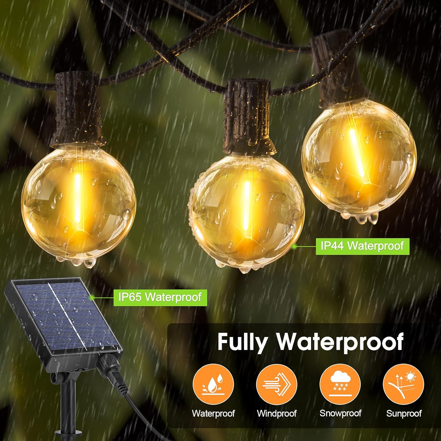 (15m) Solar String Festoon Lights Outdoor - Remote Control 15M 49.2ft USB Rechargeable IP44 Waterproof LED Garden Lights Weatherproof Solar Powered Outside Light 