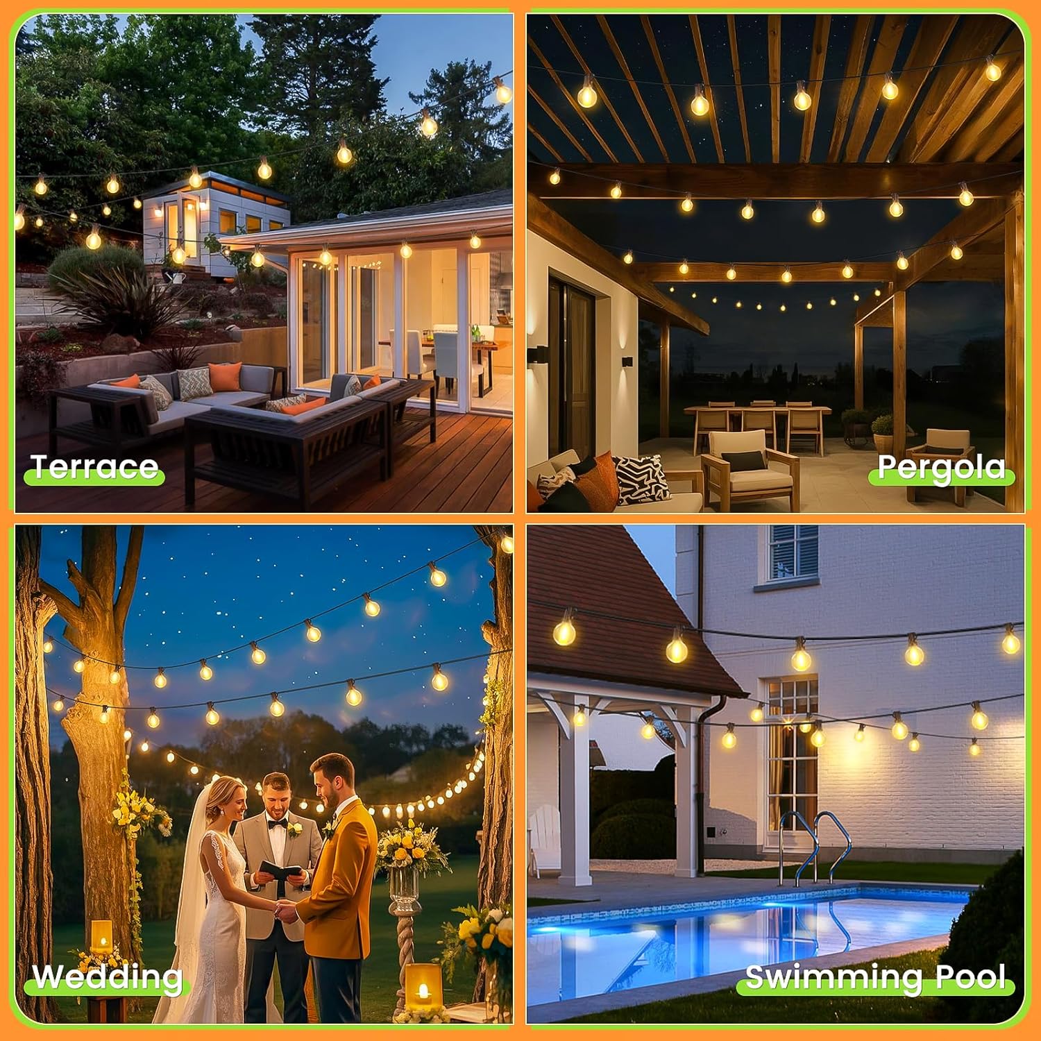 (15m) Solar String Festoon Lights Outdoor - Remote Control 15M 49.2ft USB Rechargeable IP44 Waterproof LED Garden Lights Weatherproof Solar Powered Outside Light 