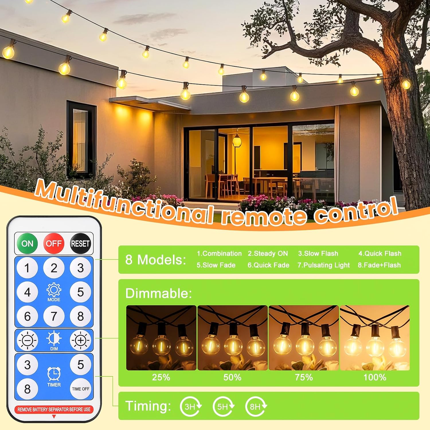 (15m) Solar String Festoon Lights Outdoor - Remote Control 15M 49.2ft USB Rechargeable IP44 Waterproof LED Garden Lights Weatherproof Solar Powered Outside Light 