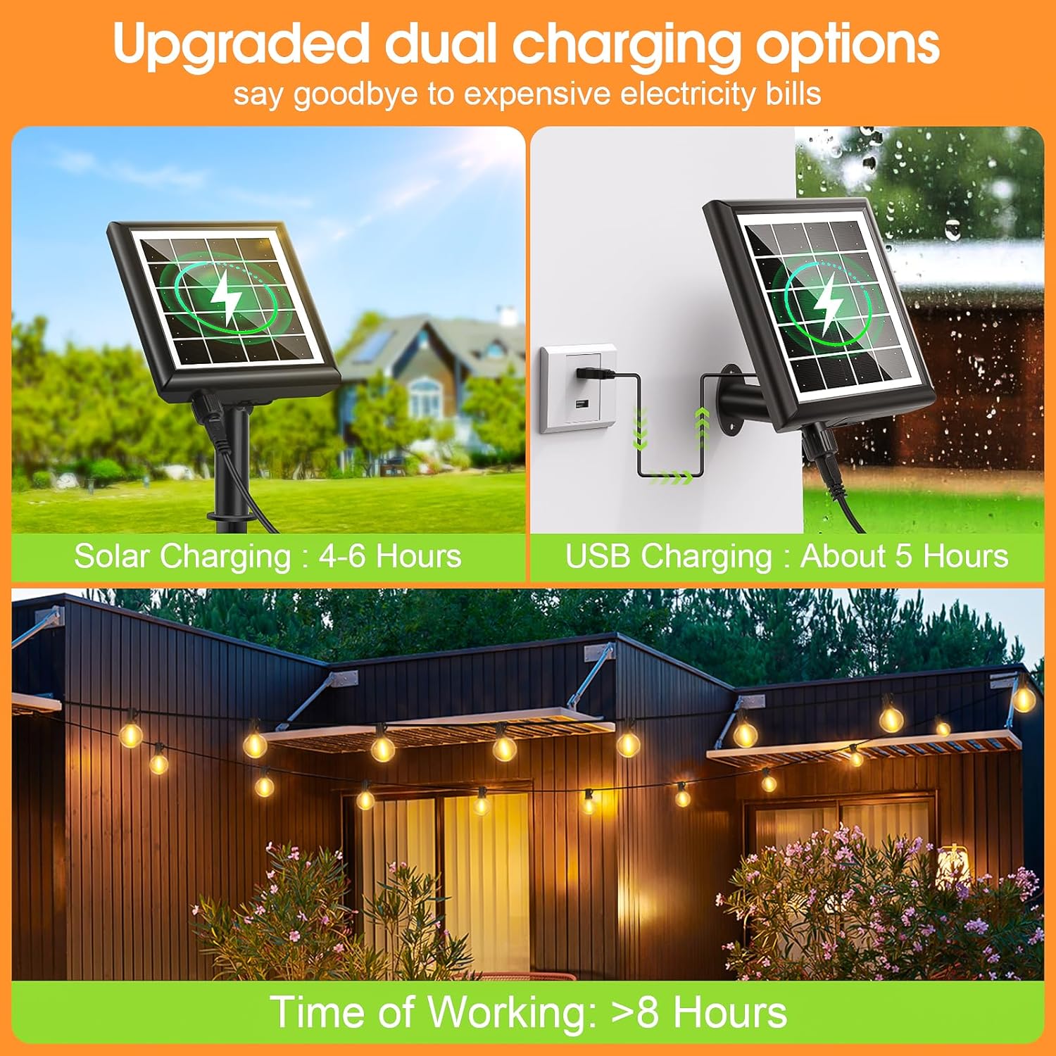 (15m) Solar String Festoon Lights Outdoor - Remote Control 15M 49.2ft USB Rechargeable IP44 Waterproof LED Garden Lights Weatherproof Solar Powered Outside Light 