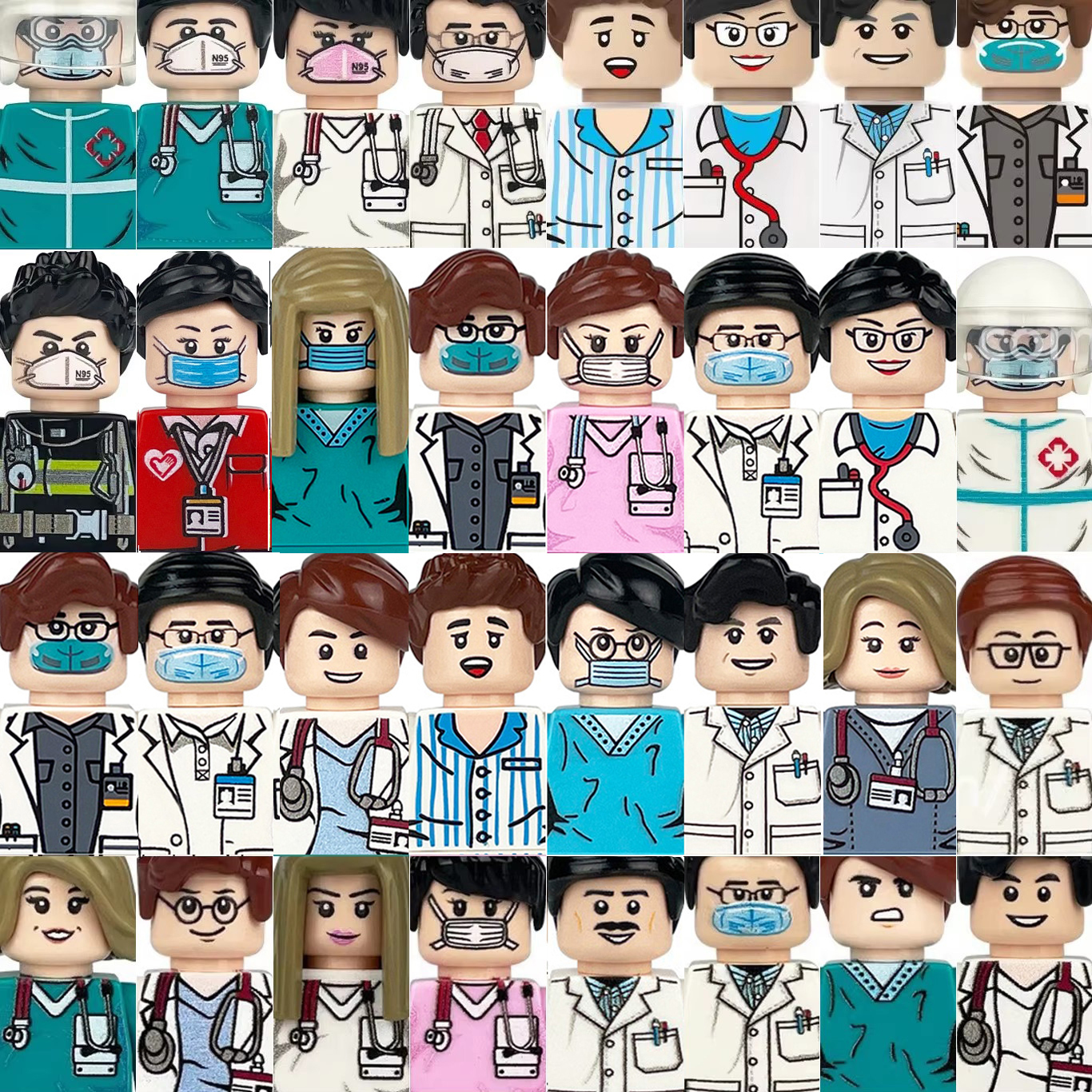 (Style D) City Profession Workers Mini Figures Building Blocks Doctor Nurse Patient Firefighter Painter Police Astronaut Farmer Bricks Toys