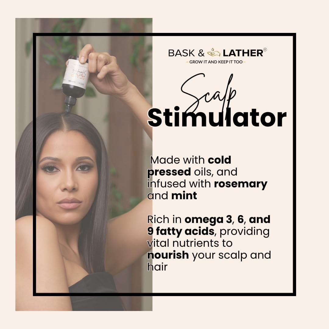 BASK LATHER Stimulating Oil For Scalp And Hair Growth Cold Pressed Blend Of Mint And Rosemary With Grape Seed For Hair Growth No Rinse Organic 59ml
