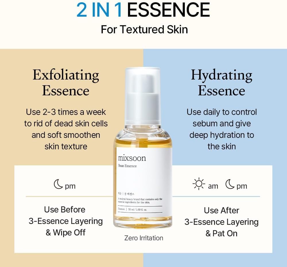 mixsoon Bean Essence 2-in-1 Gentle Liquid Exfoliant Hydrating Serum for Glass Skin Fermented Soybean Extract for Smooth Texture Pore Care Korean Skincare 50ml