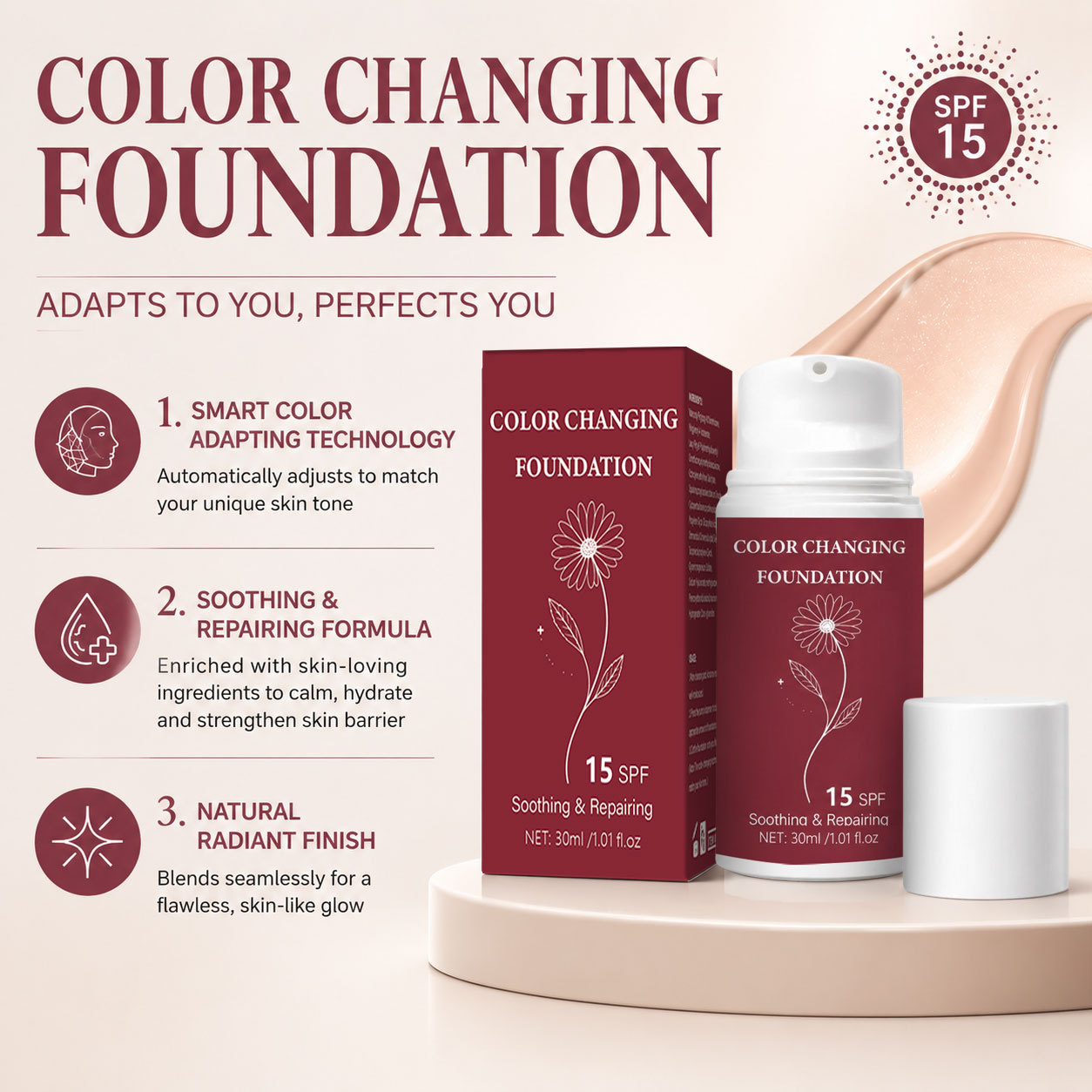Smart Color Adapting Foundation Fluid Self Adjusting Tone for Natural Radiant Finish Home Use Natural 30ml