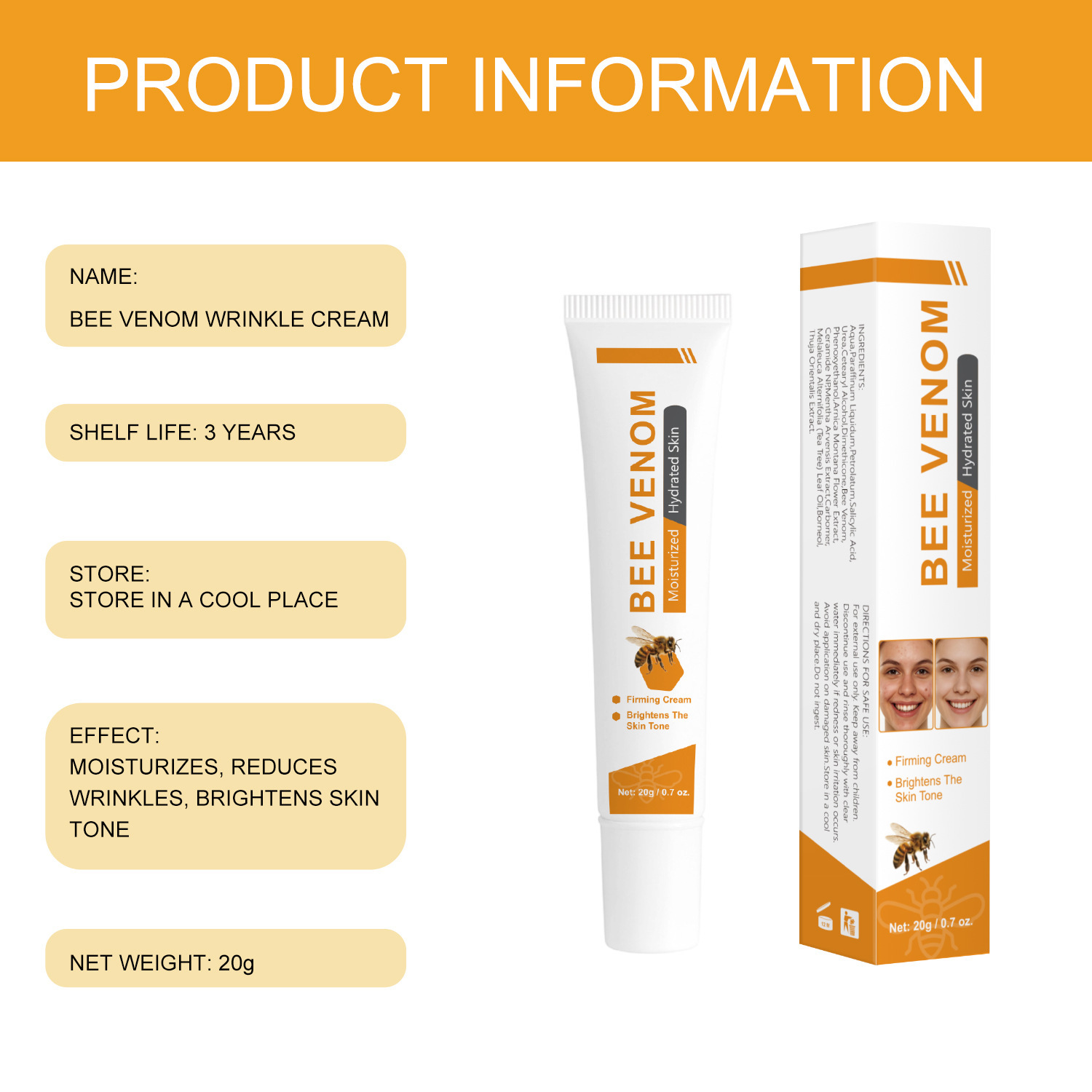 Bee Venom Face Care Cream For Skin Firming Smoothing And Daily Nourishing Treatment 20g