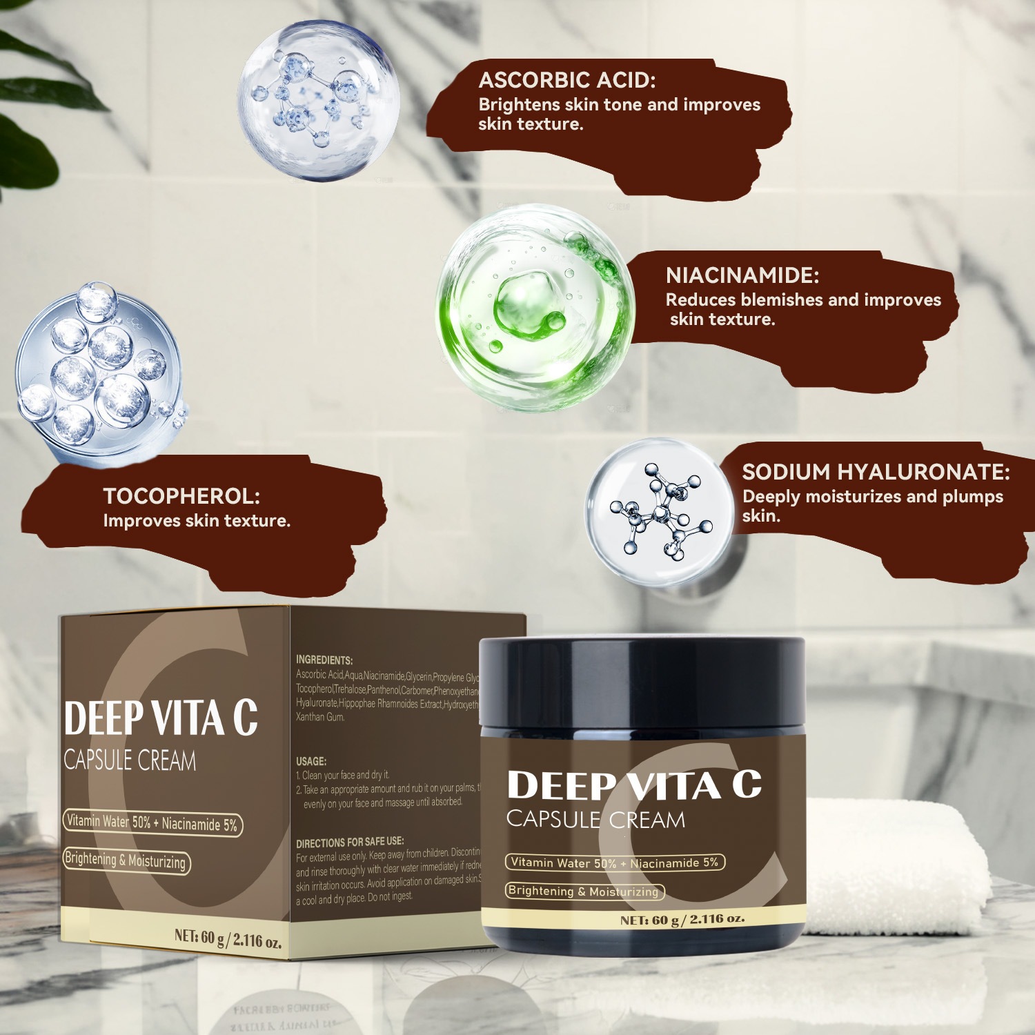 Vitamin C Face Cream Moisturising Anti Wrinkle Firming Anti Ageing Skin Care for Daily Home Use Natural