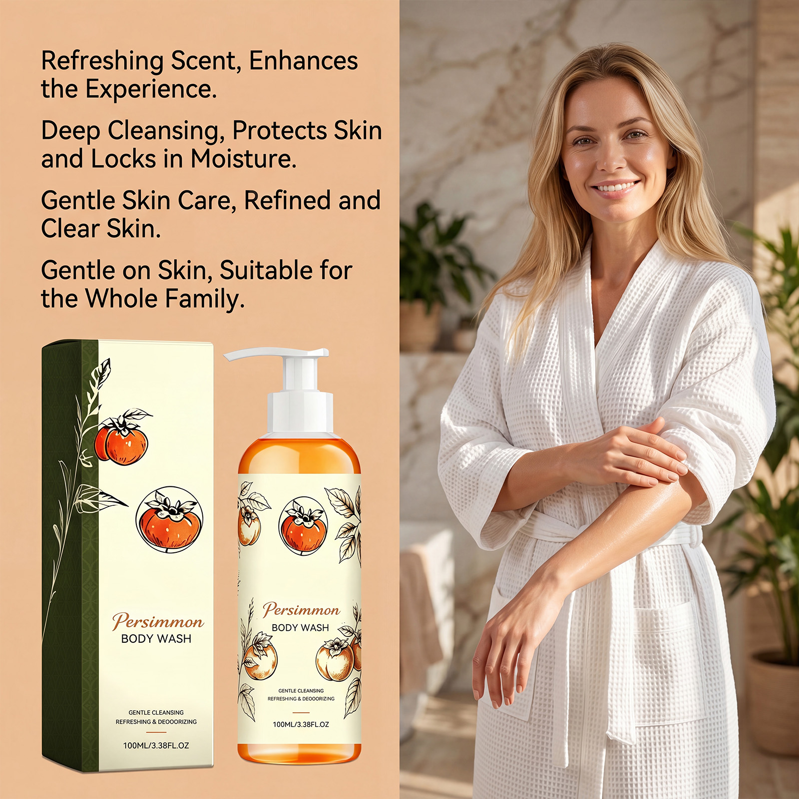 Persimmon Refreshing Body Wash Gently Protects Cleanses Skin Fresh Fragrance Soft Moisturizes Nonsticky