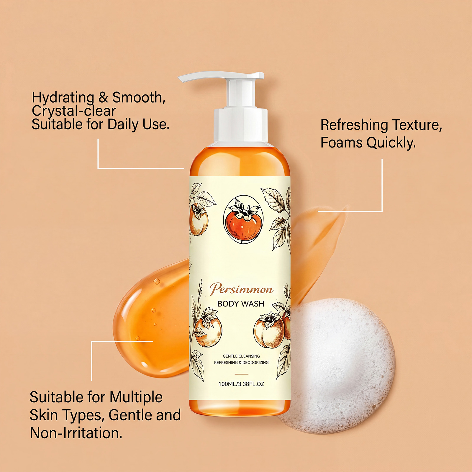 Persimmon Refreshing Body Wash Gently Protects Cleanses Skin Fresh Fragrance Soft Moisturizes Nonsticky