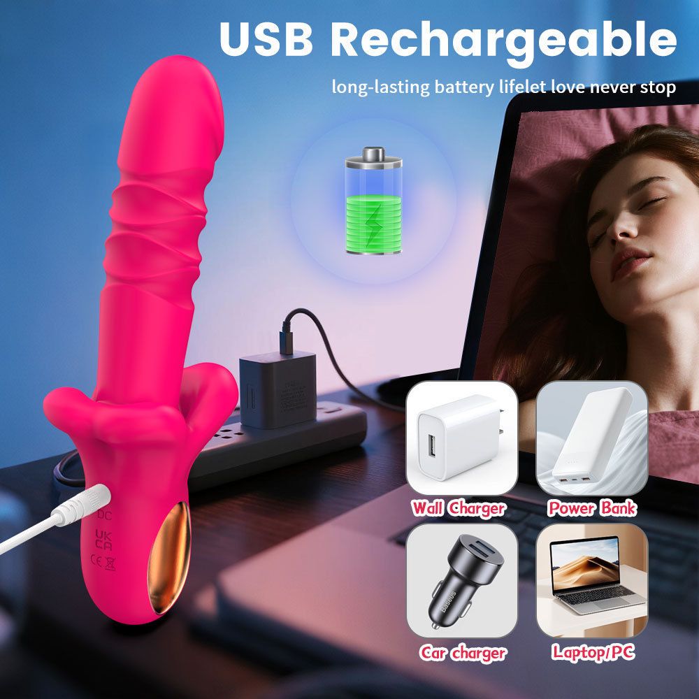 (Rose Red) Adult Sex Toy Masturbator Massagers Telescopic Vibrator with Automatic Thrusting Female Orgasm Wand Adult Novelty Toy  Big Mouth Design