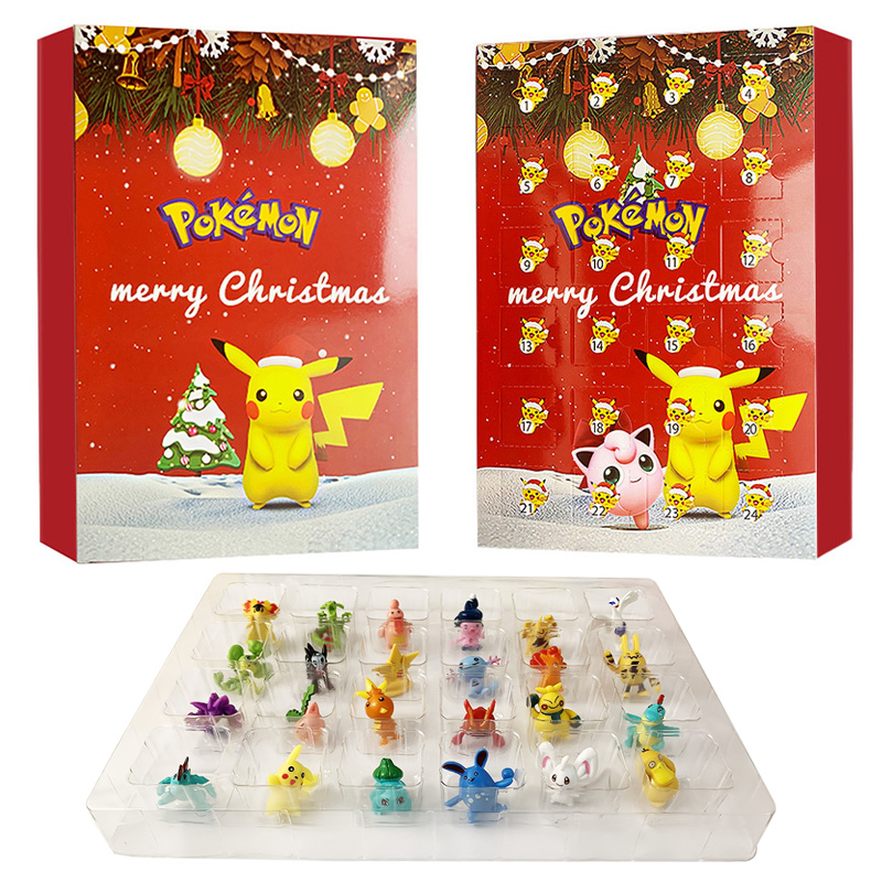 Christmas Advent Calendar Pokemon Cartoon Figures Xmas Countdown Calendar Anime Minifigures Kids Toy 2PCS Blind Box Set Gifts for Girls and Boys