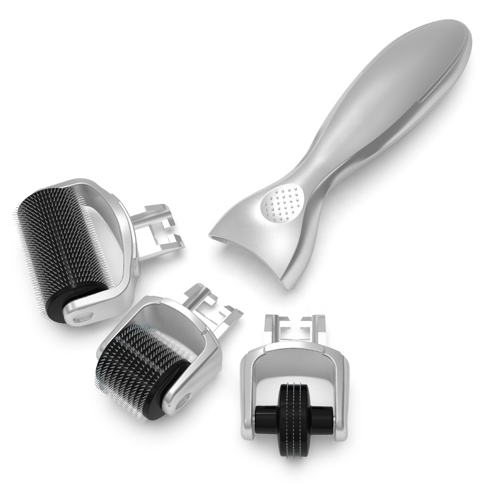 (Silver) Derma Roller DRS 3 In 1 Kit 180/600/1200 Titanium Needle Skin Care Microneedle Roller with 3 Replacement Heads Body Face Eye Therapy Stainless Steel Home Use Gold Silver 0.5mm 1.0mm 1.5mm