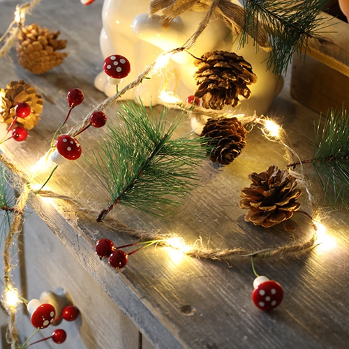 20 LED Christmas Garland with Lights Red Berry Pine Cone Garland Lights Battery Decorations for Home Garland for Fireplace