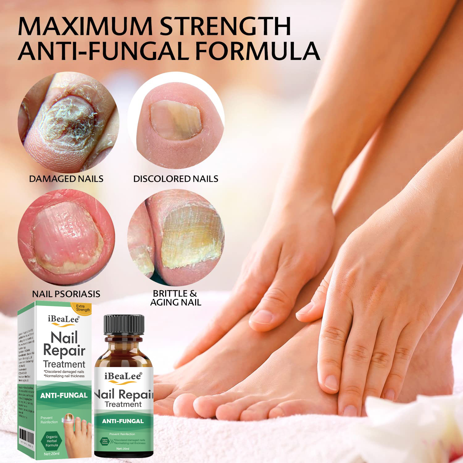 iBeaLee Nail Fungus Treatment Solution Liquid Toenail Feet Care Oil Anti-Infective Essence Paronychia Onychomycosis Repair Serum 20ml