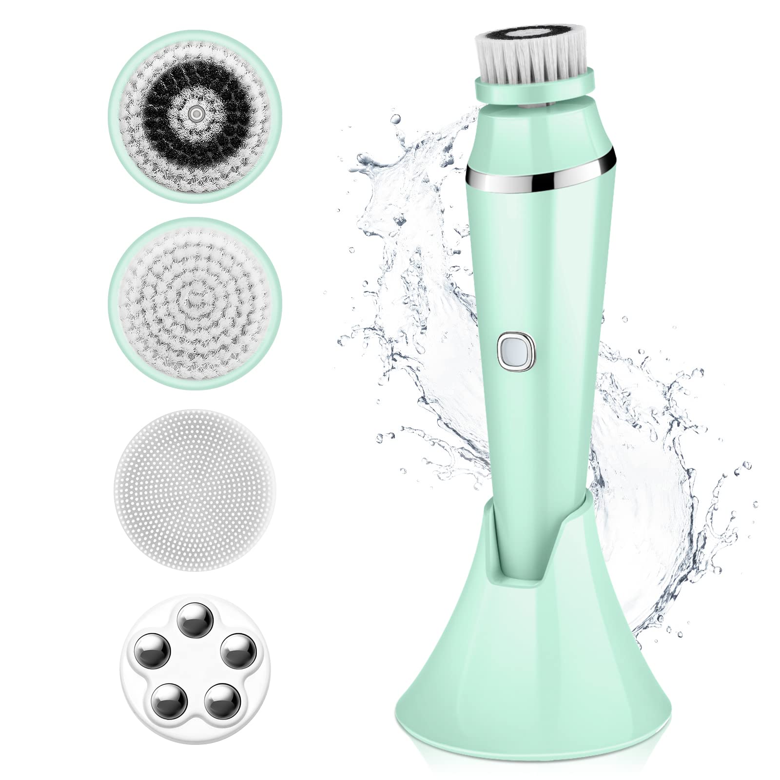 (Pink) Facial Cleansing Brush 4 in 1 Electric Face Spin Brush for Cleaning Exfoliating Massaging with 4 Replacement Heads