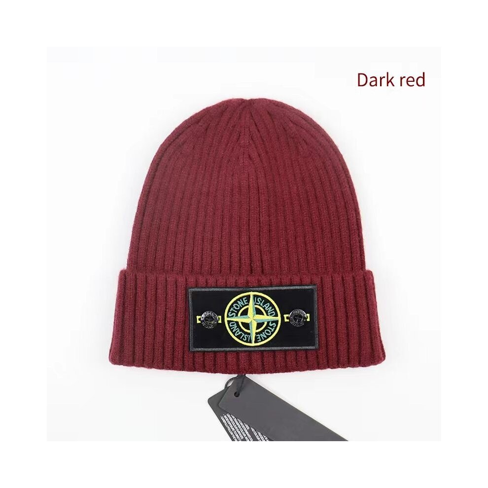 (Black) Stone Island Hat Warm Thick Cap Cuffed Knit Stretch Beanie Hat