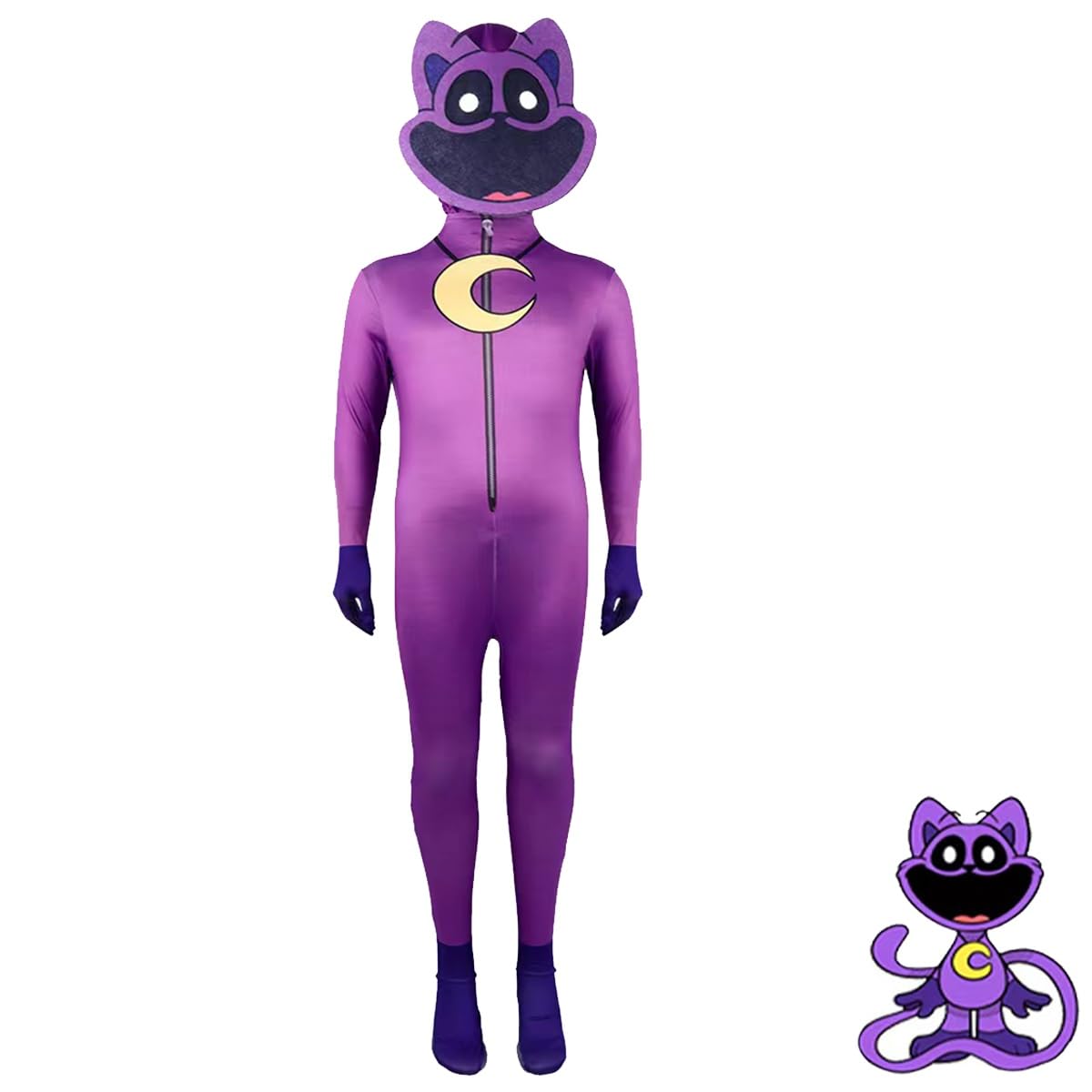 (110CM) Poppy Playtime 3 Smiling Critters Costume Child Halloween Party Dress up With Head Cover Bodysuit Purple Catnap