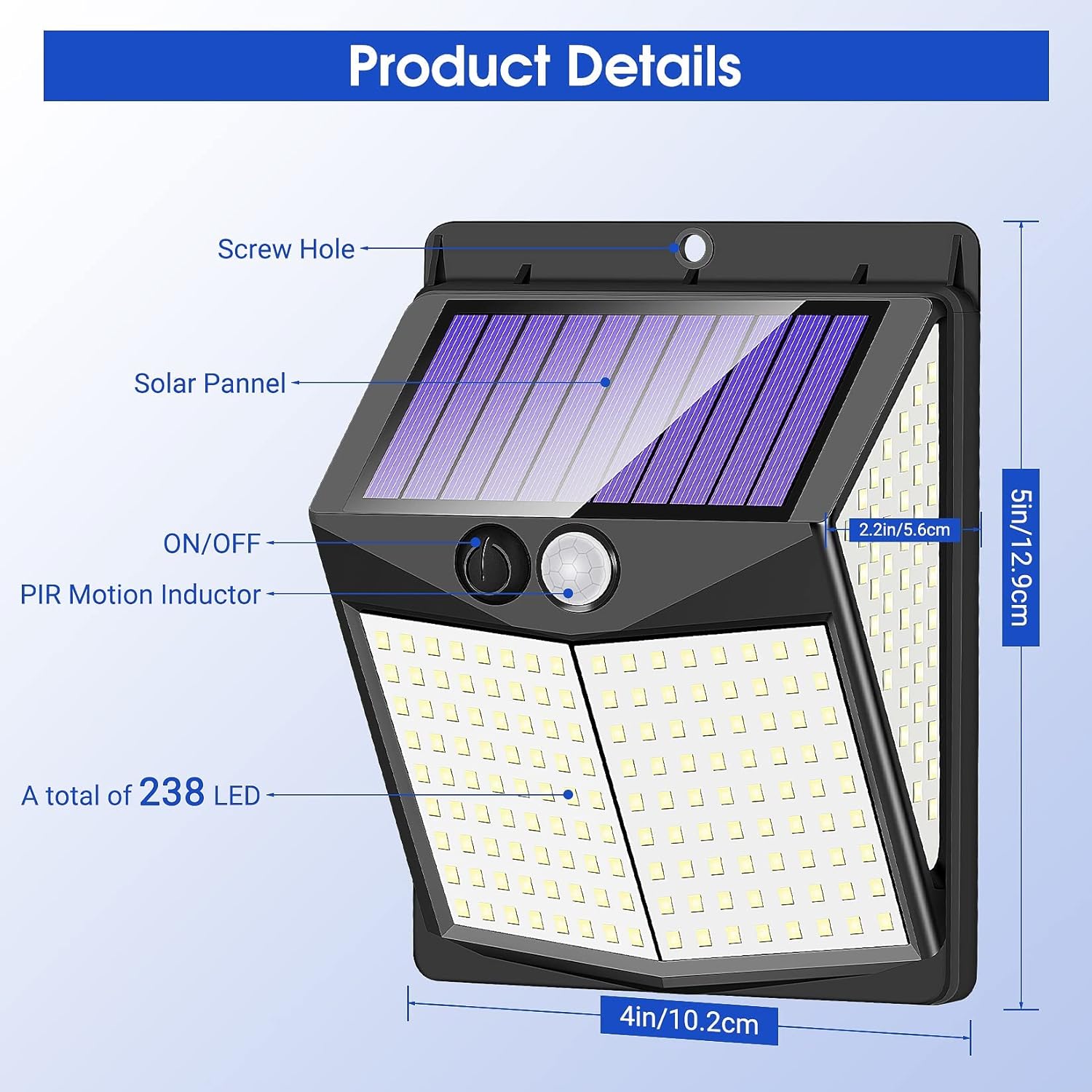 238 LED Solar Security Lights and 3 Modes Motion Sensor 270° Wide Angle Solar Powered Lights Waterproof Solar Wall Light for Front Door Yard Garage 2PCS