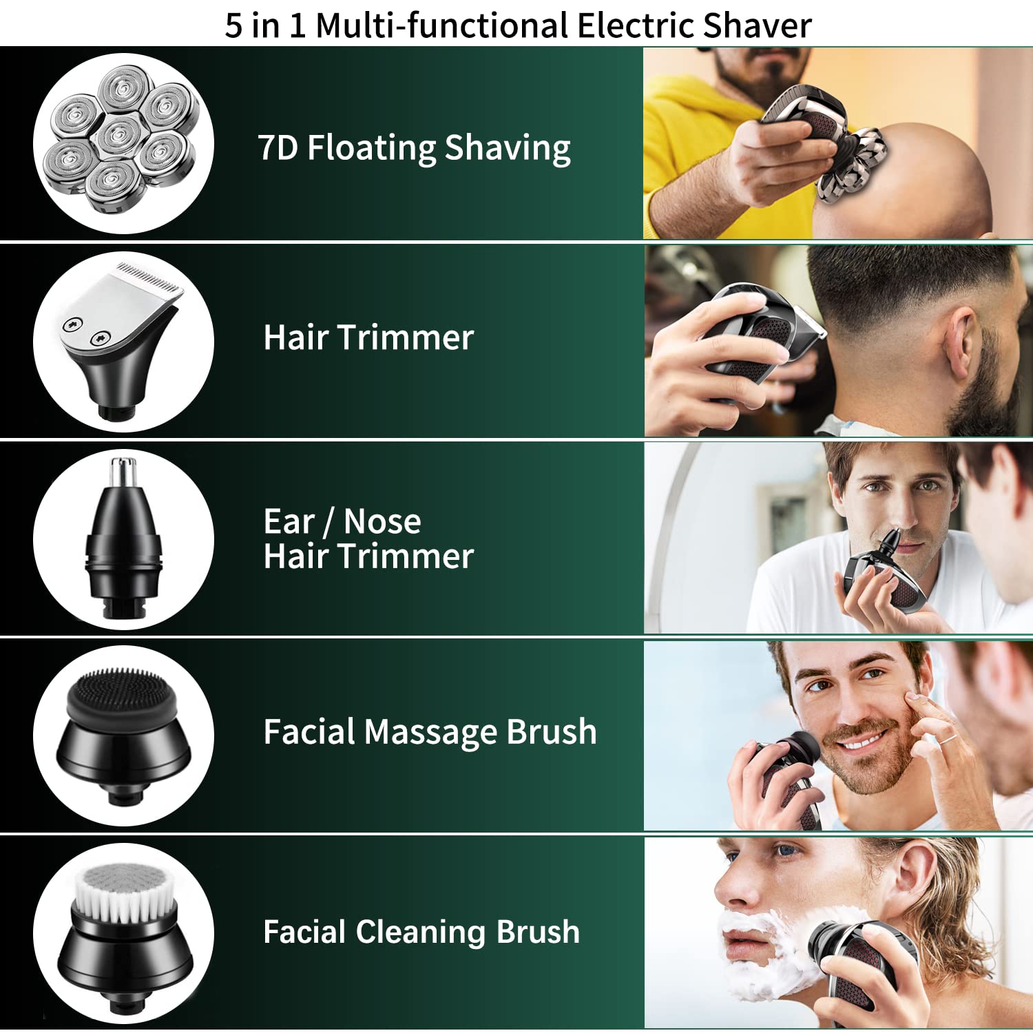 (Black) Detachable Head Shavers for Bald Men 6 in 1 Electric Razor for Bald Men 7D with Hair Sideburns Trimmer Waterproof Wet and Dry Cordless Men Grooming Kit