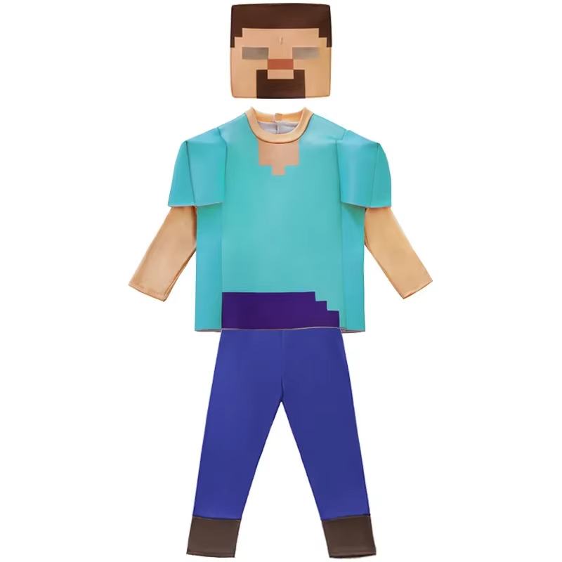 (S 105~115cm) MC Fabric Professional-grade Performance Costume for Gamers Creeper Steve Stage Costume