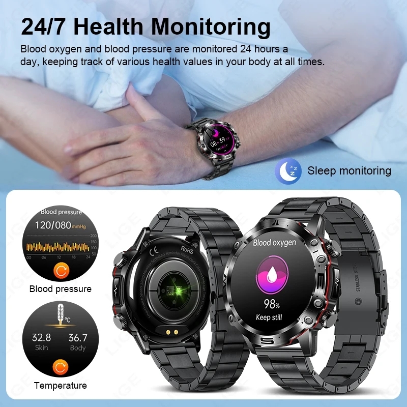 (Blue) Blood Lipids Uric Acid Blood Glucose Smart Watch For Men Bluetooth Call Health Smartwatch